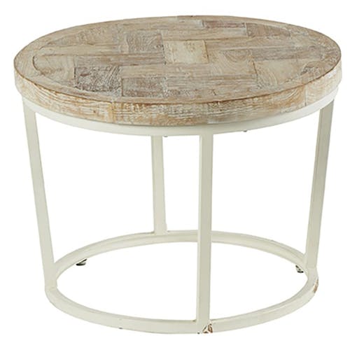 Table basse ronde en bois recyle et metal blanc de style exotique