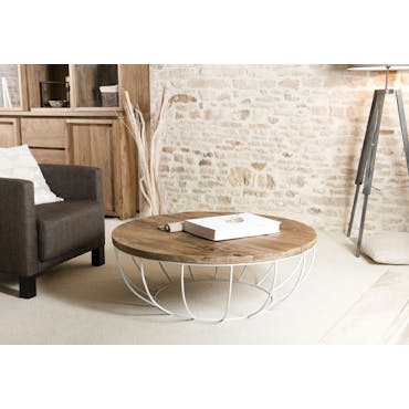  Table basse ronde en bois recycle et metal blanc style contemporain