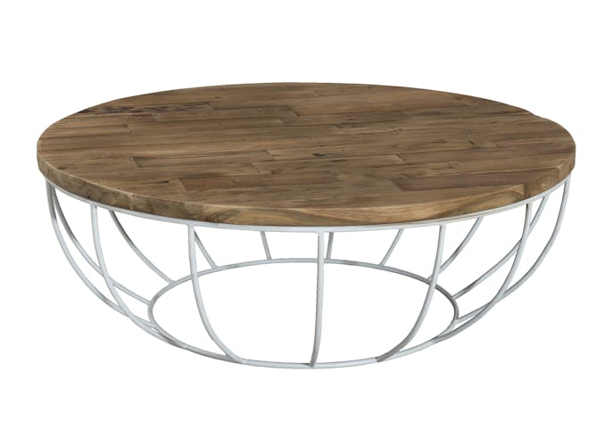 Table basse ronde en bois recycle et metal blanc style contemporain