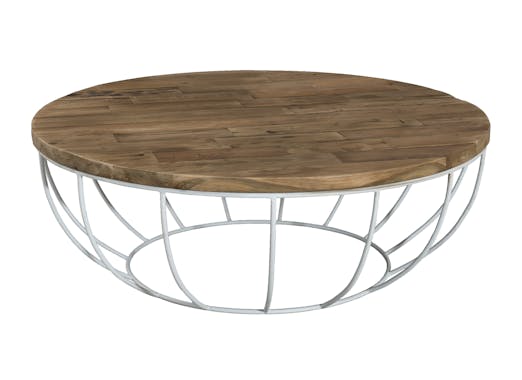 Table basse ronde en bois recycle et metal blanc style contemporain