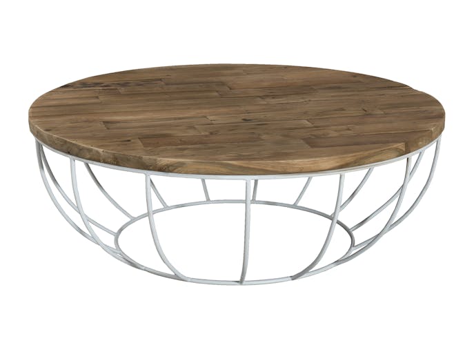Table basse ronde en bois recycle et metal blanc style contemporain