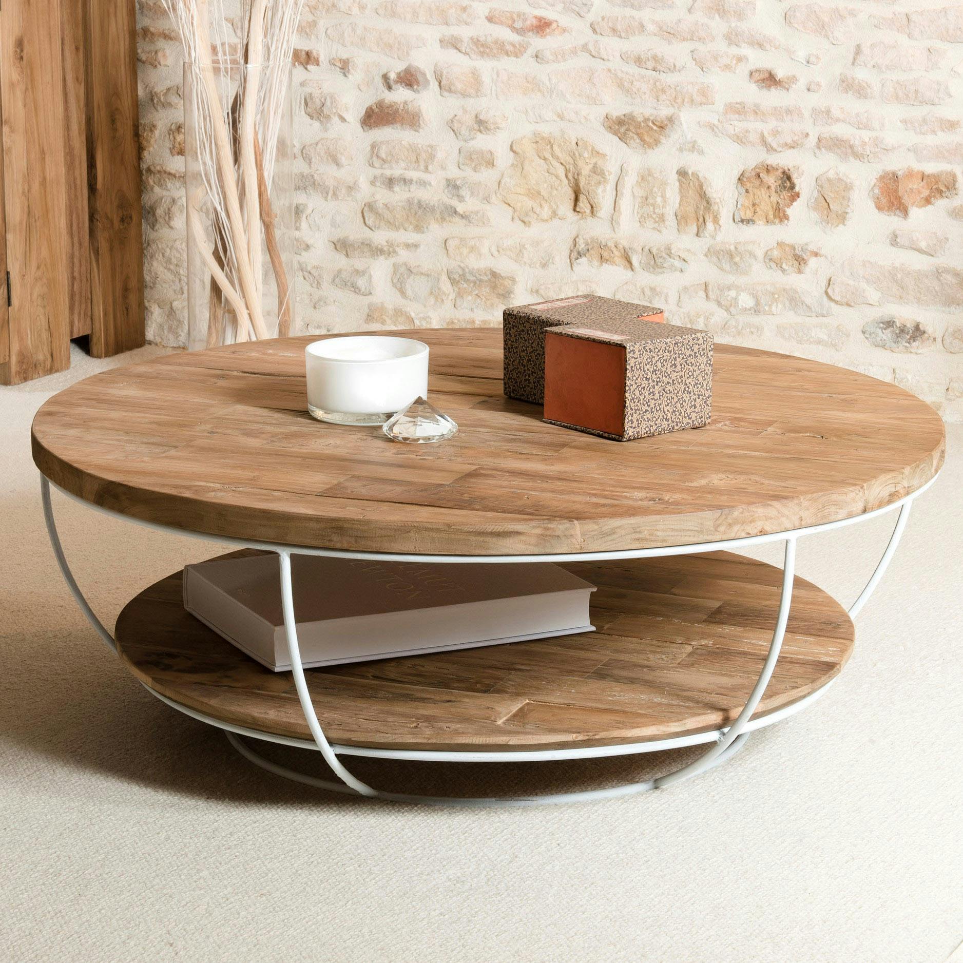 Table basse ronde en bois recycle et metal blanc style contemporain