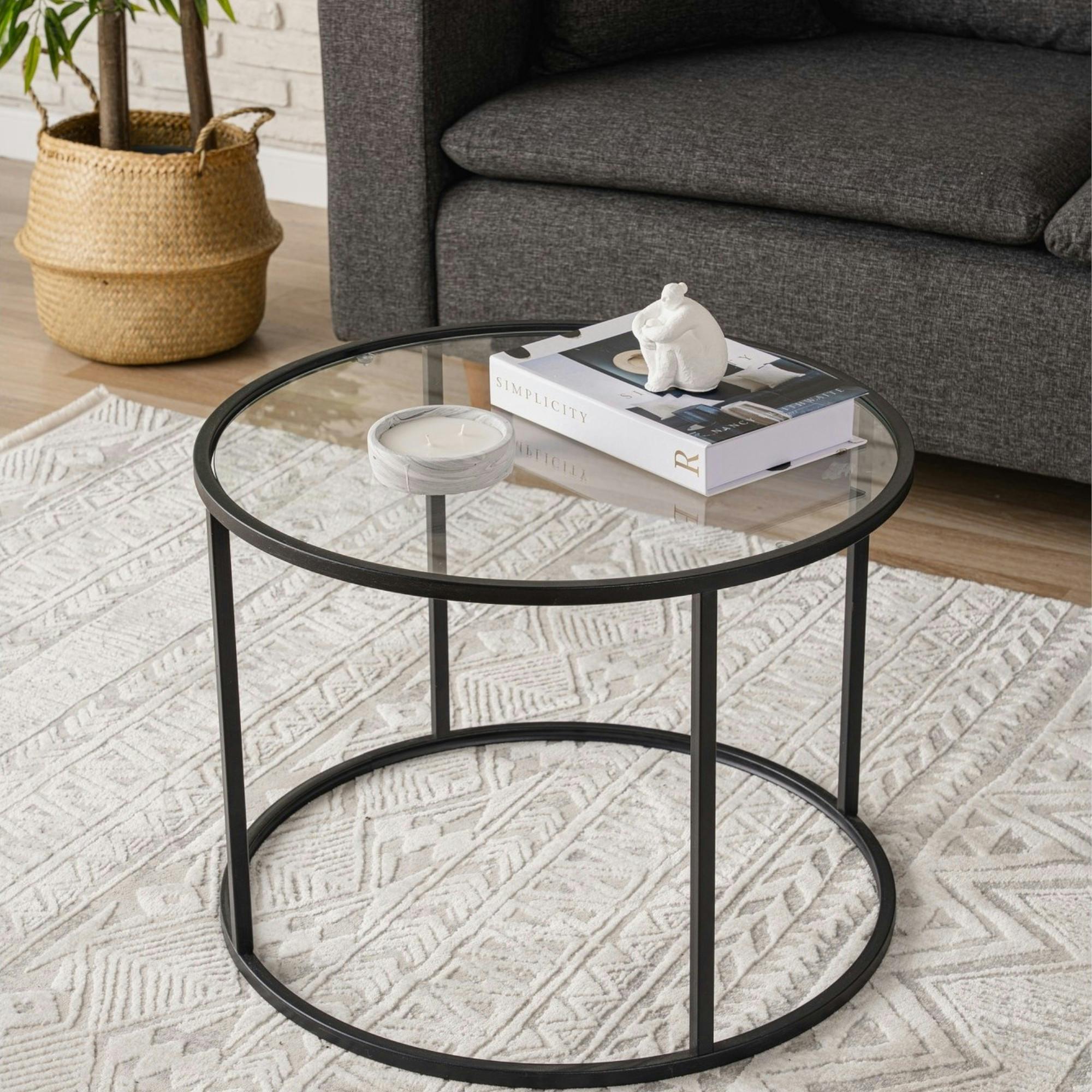Table basse ronde verre ⌀60 cm - structure métal noir TULUM