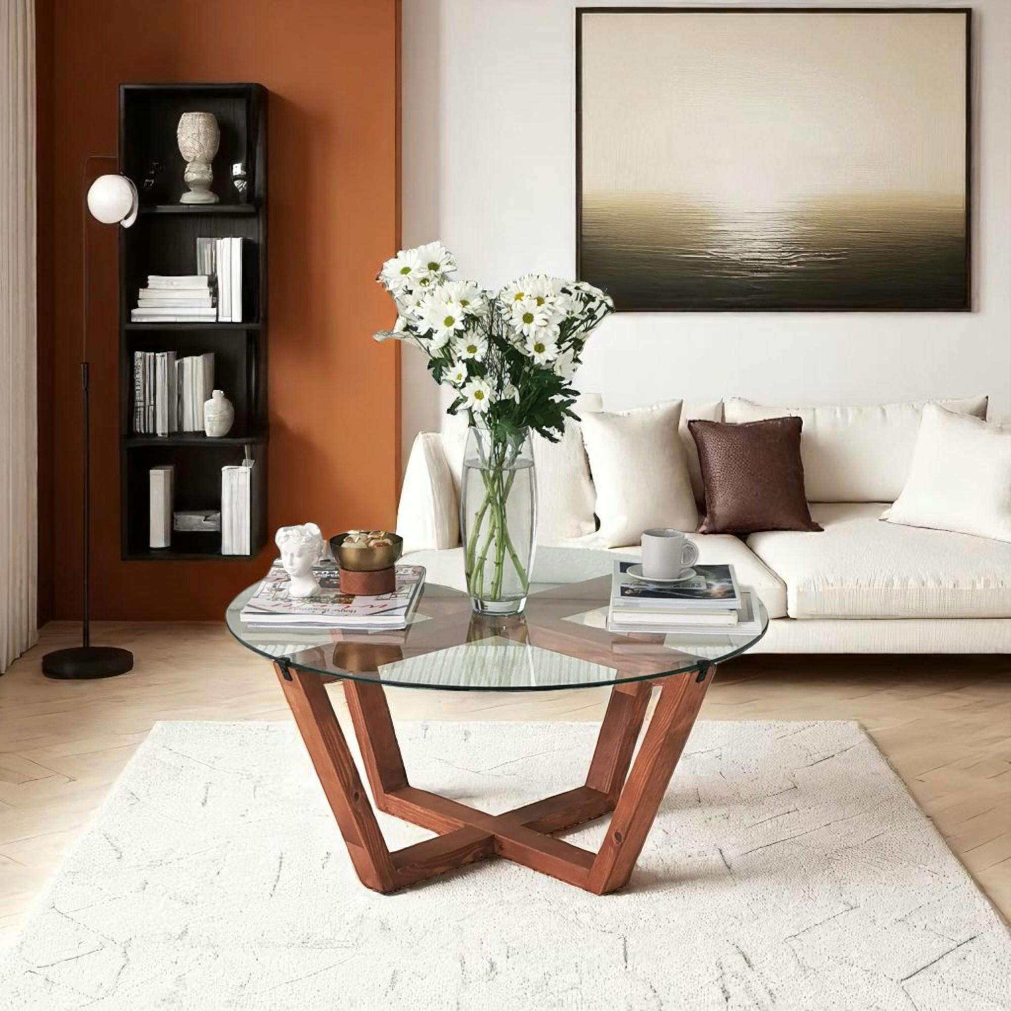 Table basse ronde verre et bois brun  - pieds croisés ANZIO
