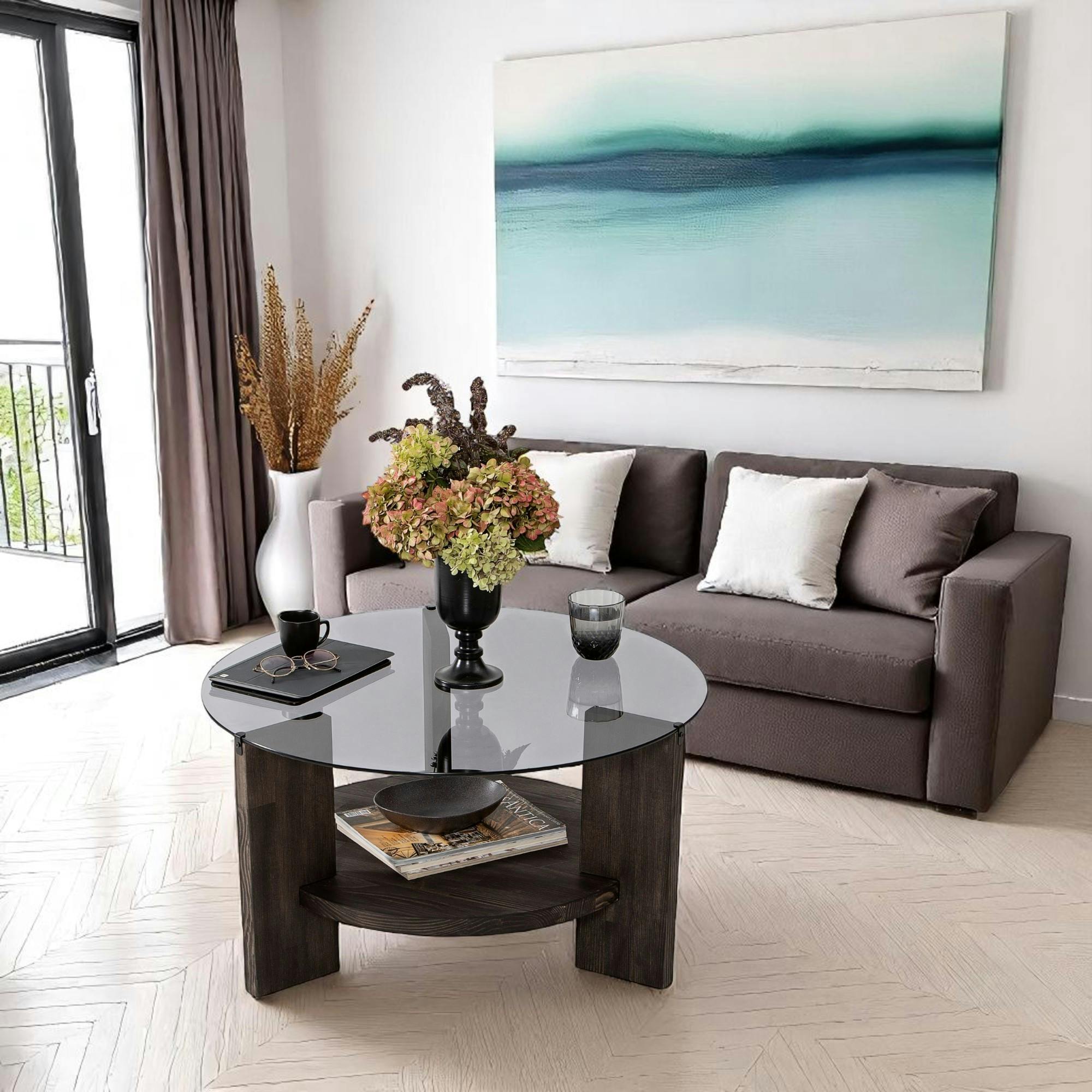 Table basse ronde verre fumé - 2 plateaux anthracite ANZIO