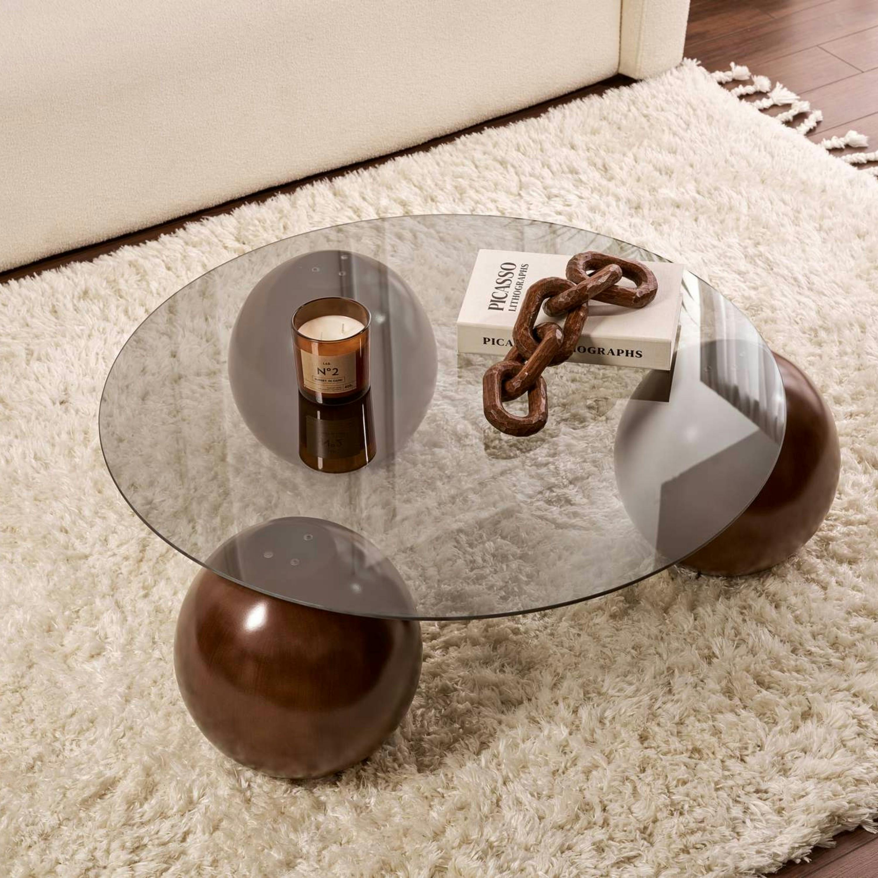 Table basse ronde verre fumé 3 pieds boule KOCHI