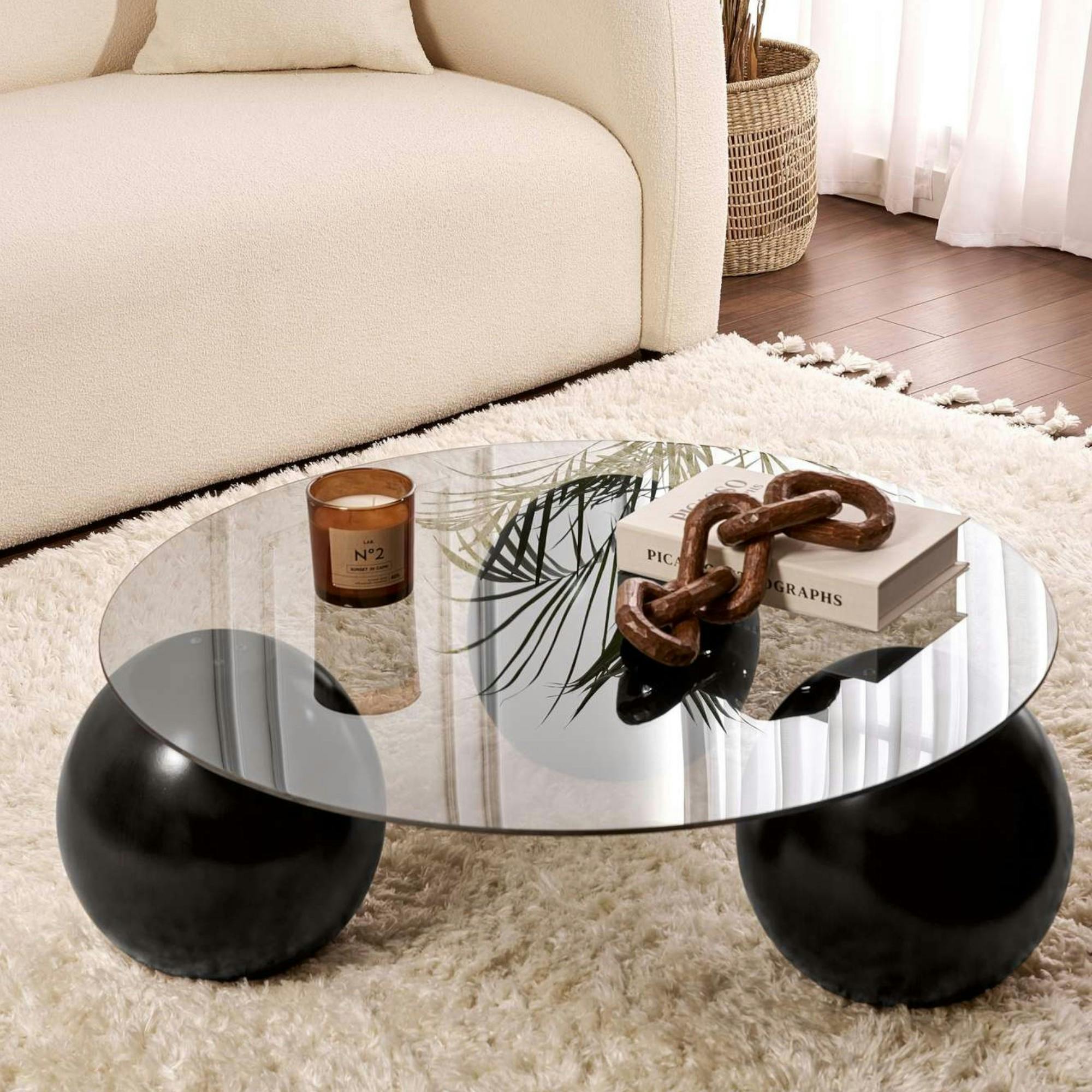 Table basse ronde verre fumé - 3 pieds boules noirs KOCHI
