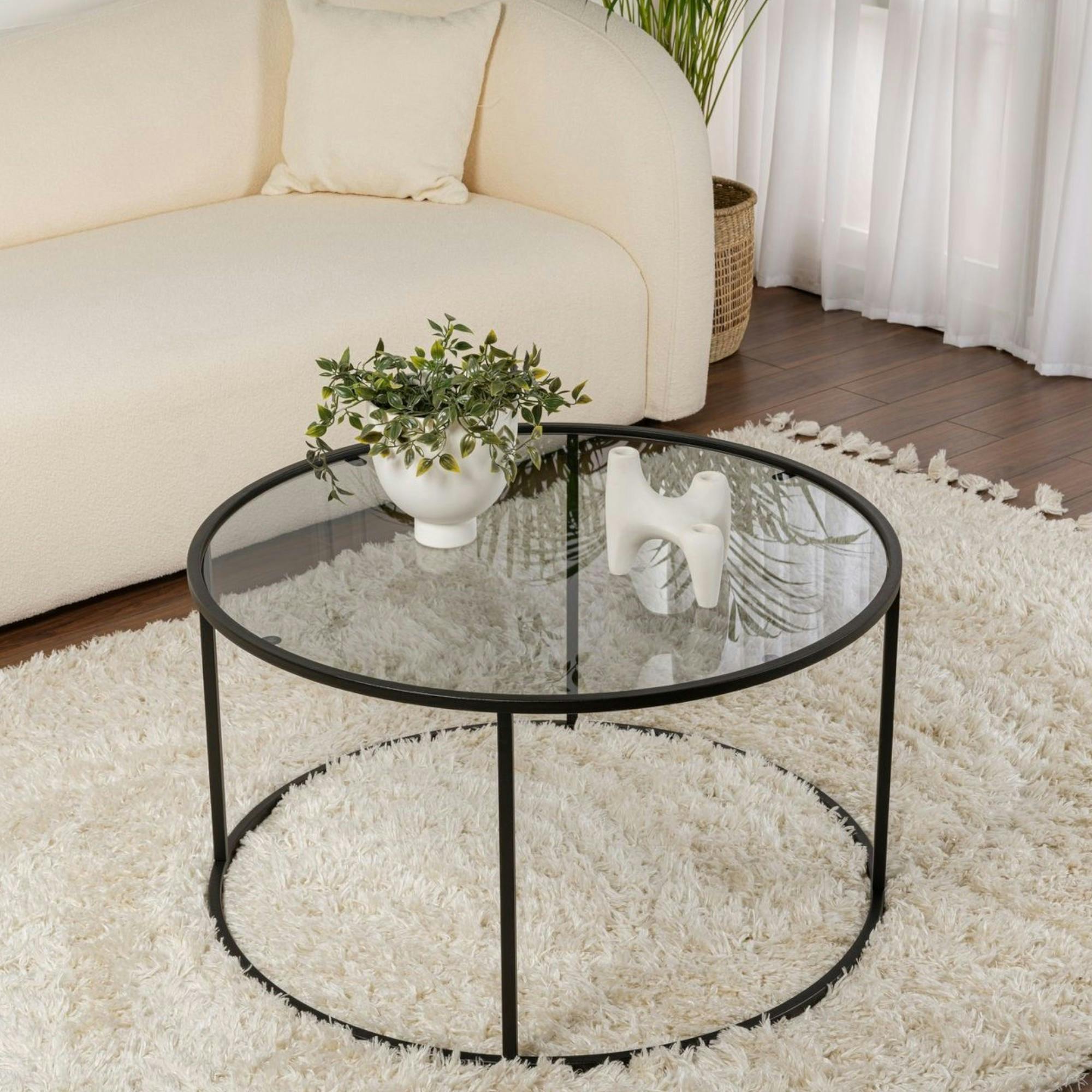 Table basse ronde verre fumé – cadre noir ⌀80 cm TULUM