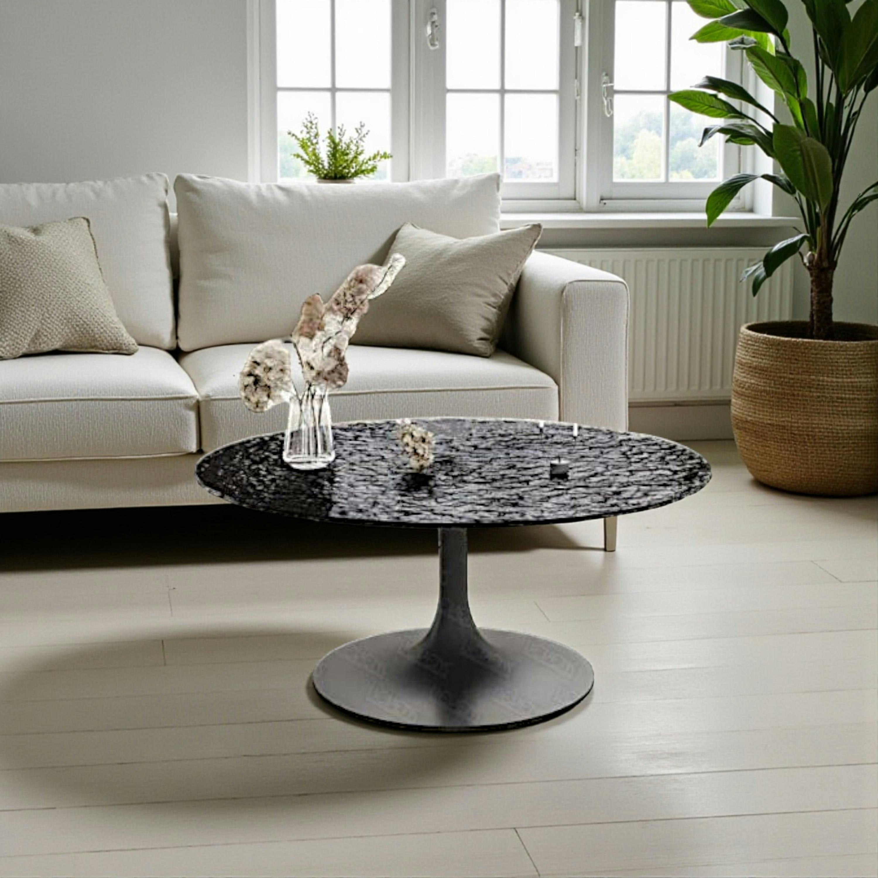 Table basse ronde verre ondulé noir, pied tulipe LIGURIE