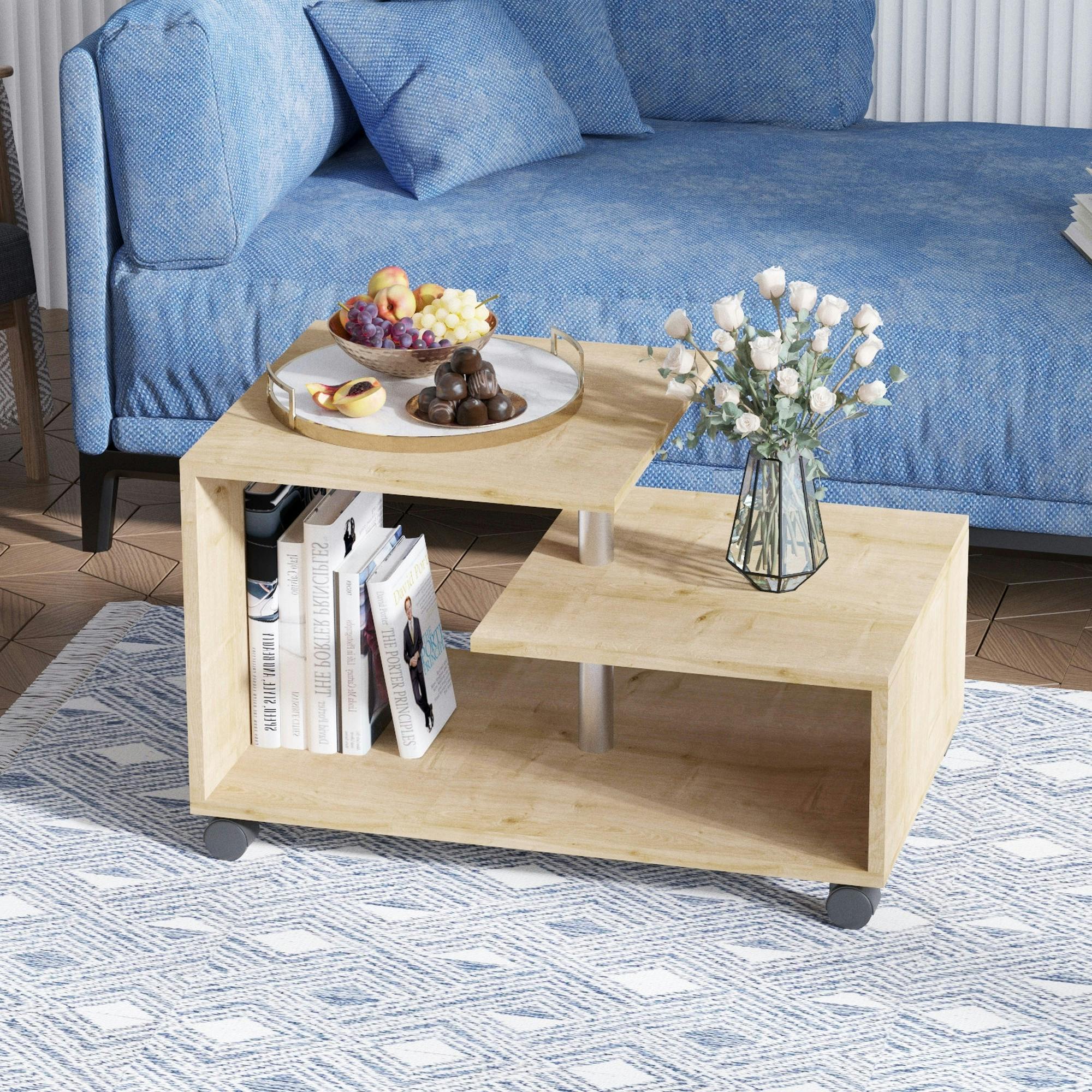 Table basse roulettes et rangement, finition effet chêne JENA