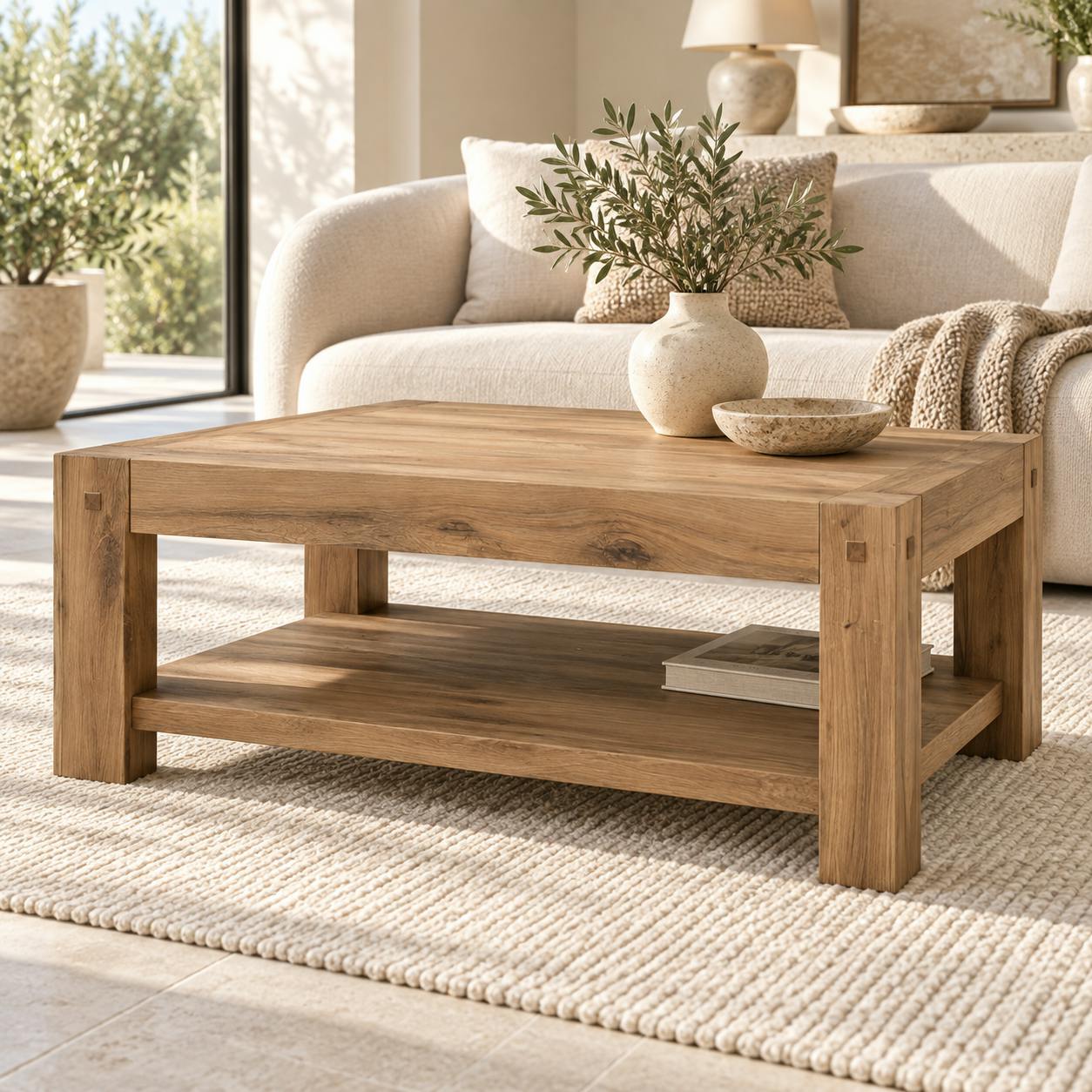 Table basse rectangulaire en bois double plateau de style campagne