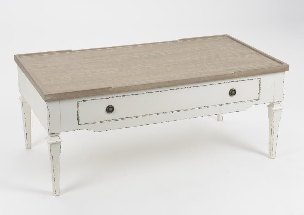 Table basse salon bois blanc vieilli 1 tiroir 110 cm GUSTAVE L 110 x P 60 x  H 45 AMADEUS