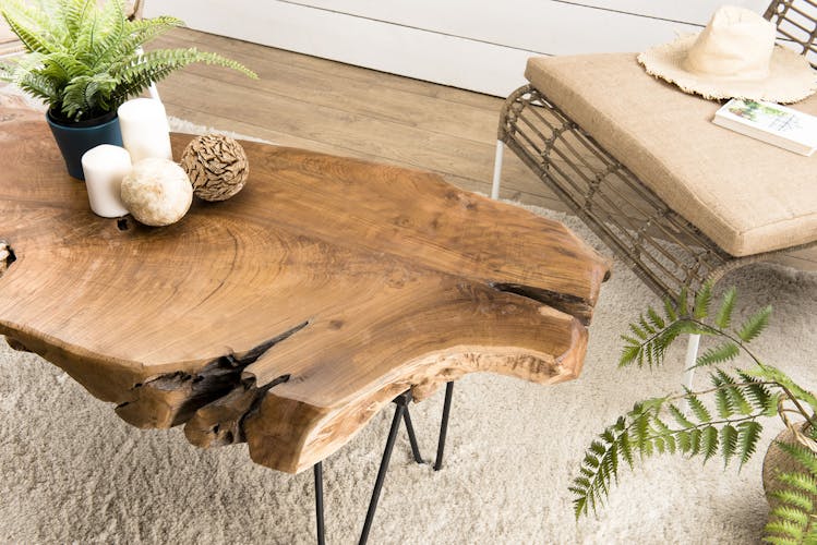 Table basse bois tronc arbre et metal style exotique