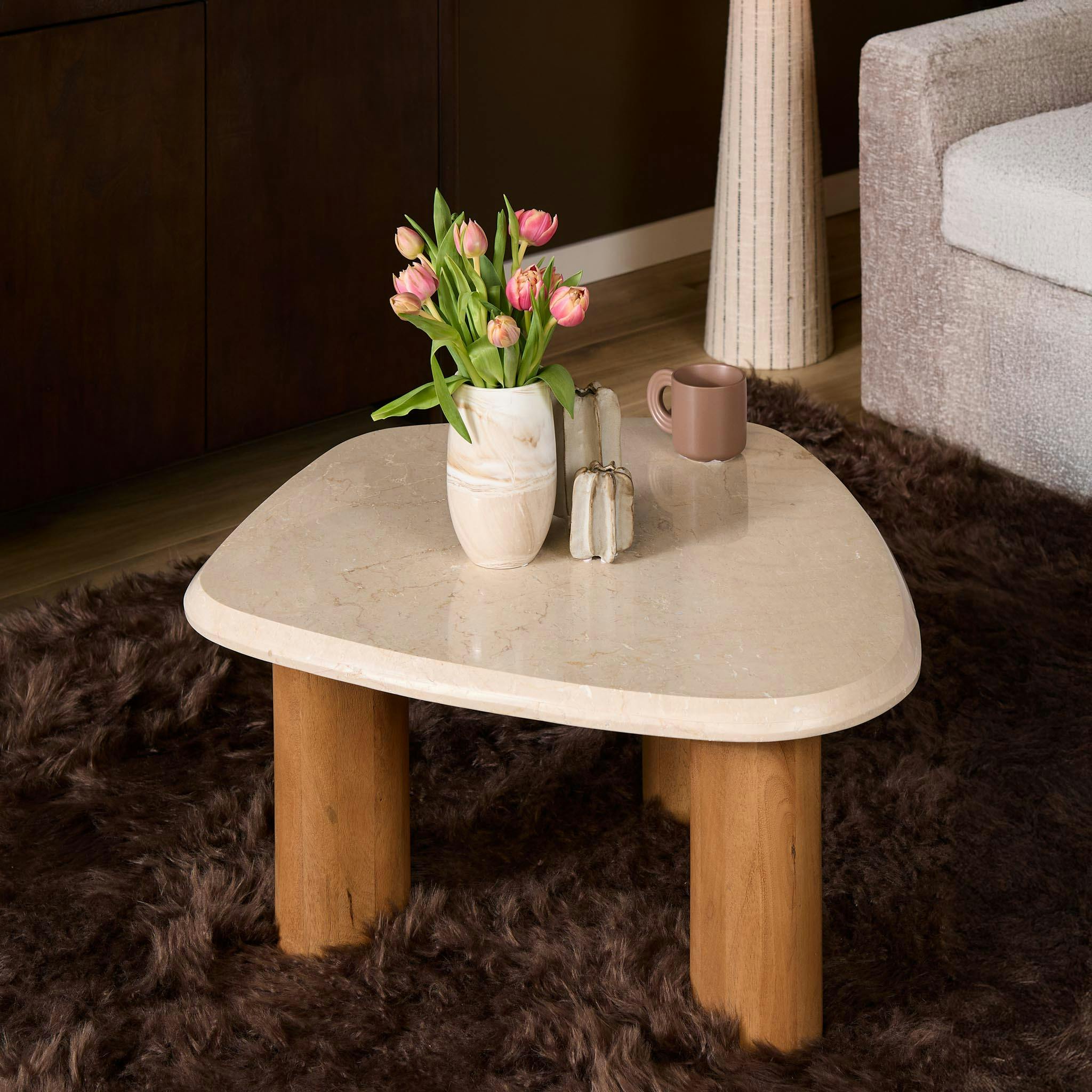 Table basse travertin bois design organique DUOMO