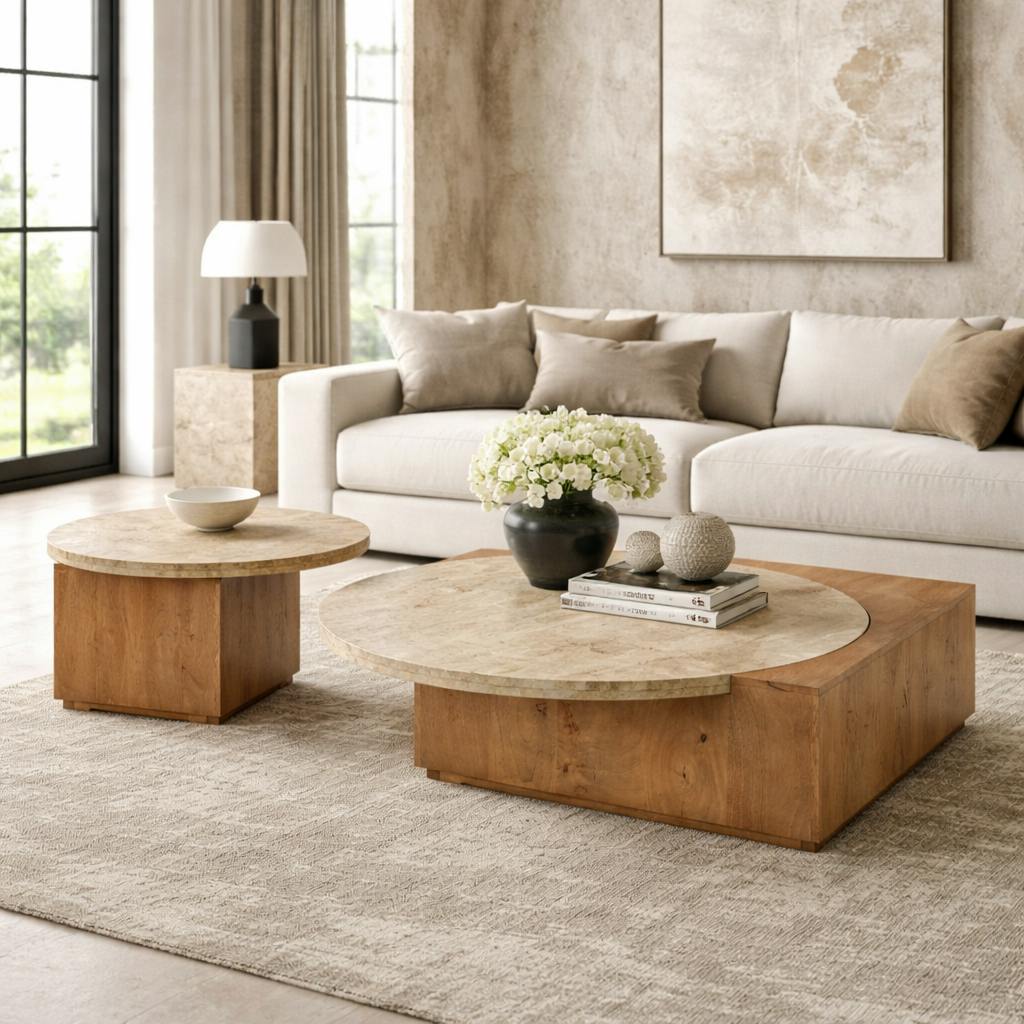 Table basse travertin et bois style design DUOMO