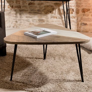  Table basse triangulaire en bois pieds metal epingles style contemporain