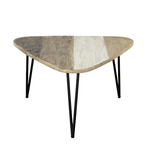 Table basse triangulaire en bois pieds metal epingles style contemporain