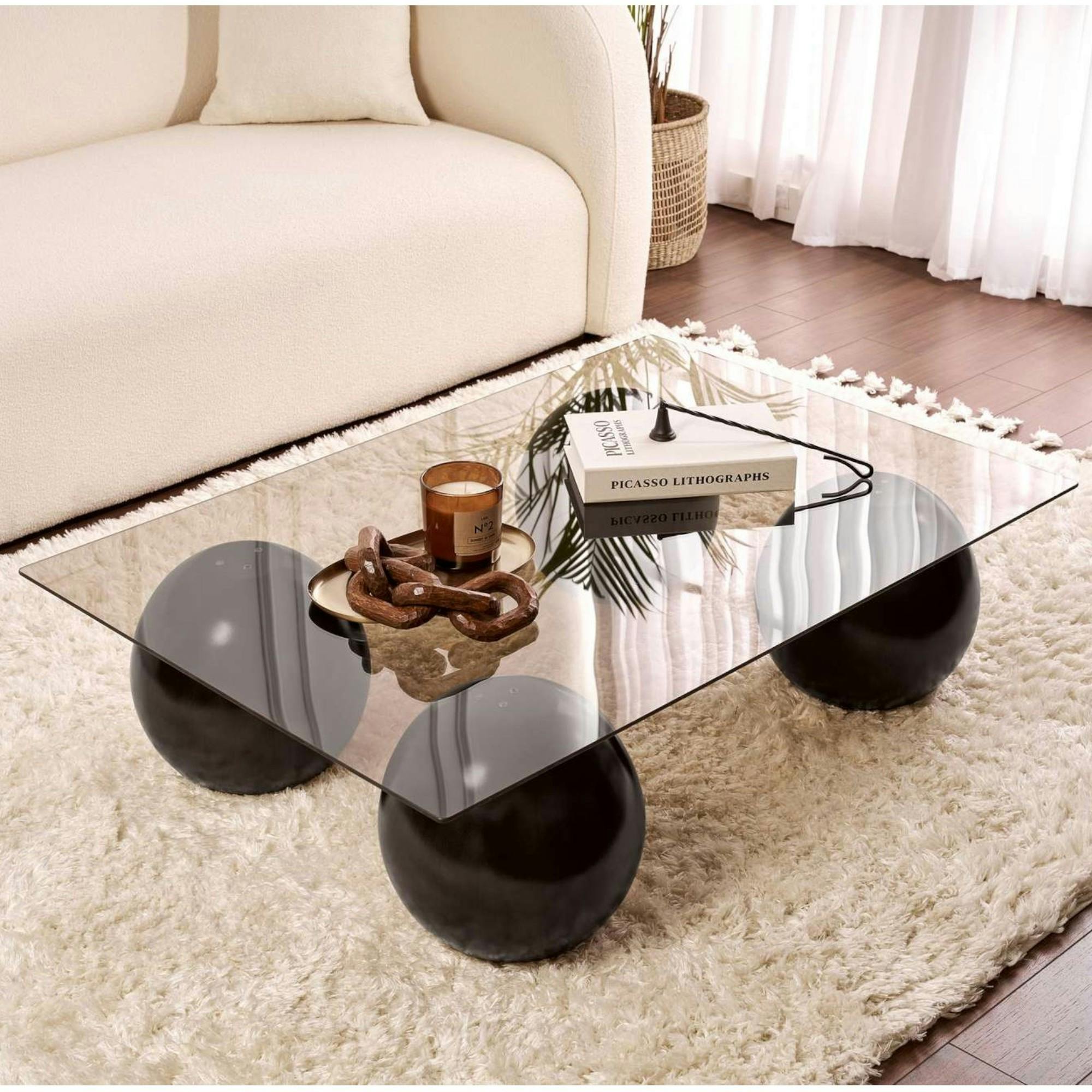 Table basse verre ambré rectangulaire - 4 pieds noirs KOCHI