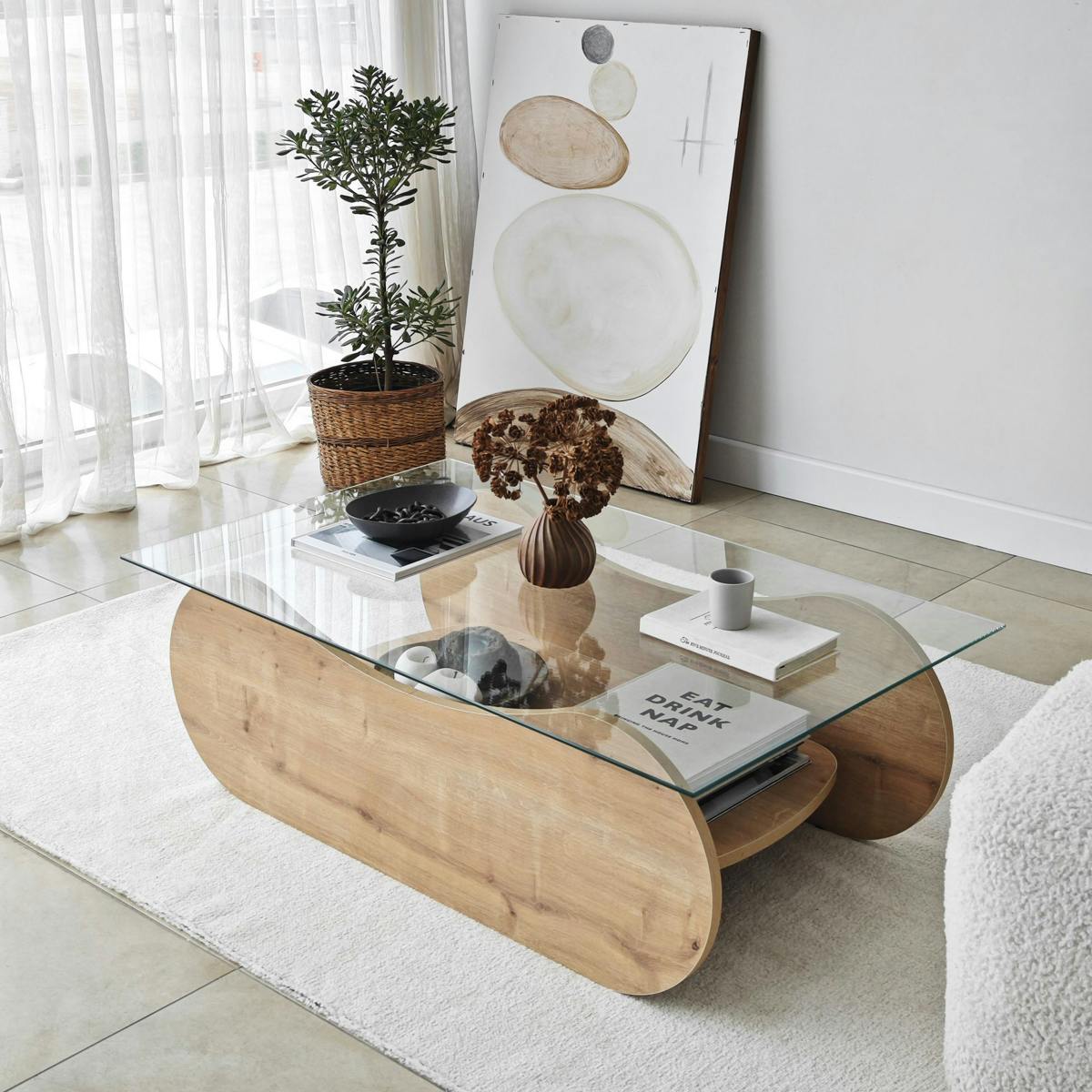 Table basse verre, base luge effet bois avec rangement SALTA