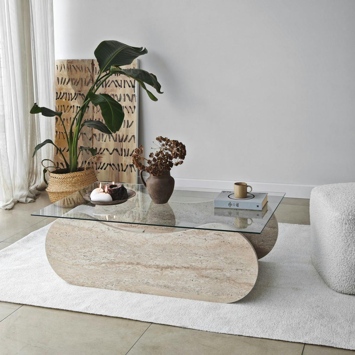 Table basse verre base luge effet travertin avec niche SALTA