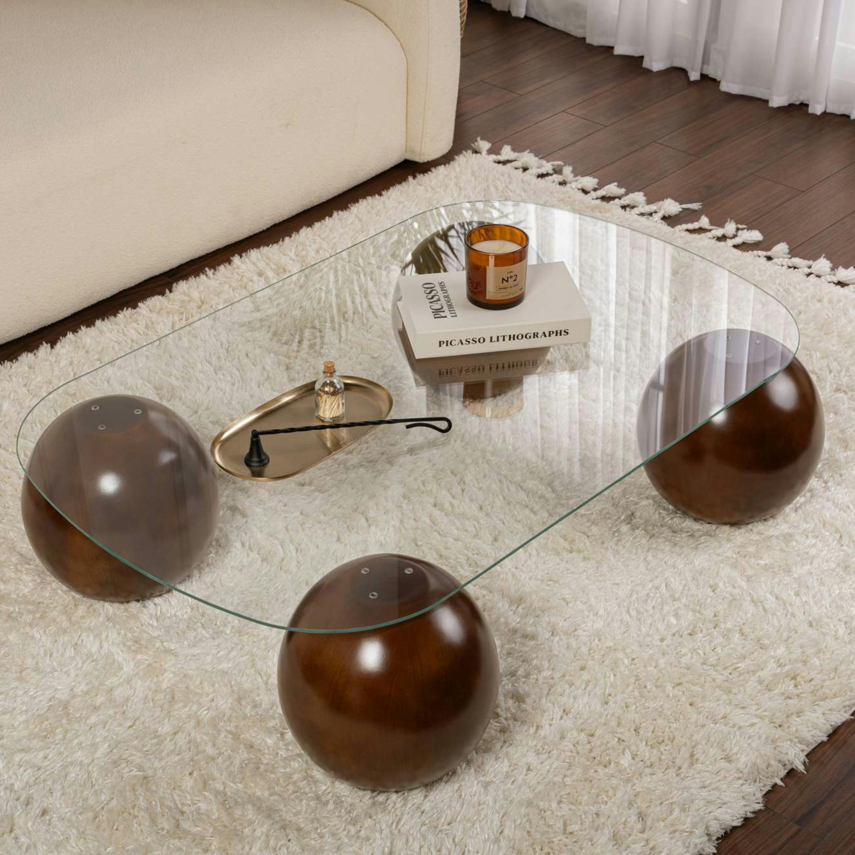 Table basse verre bords arrondis 4 pieds boule KOCHI