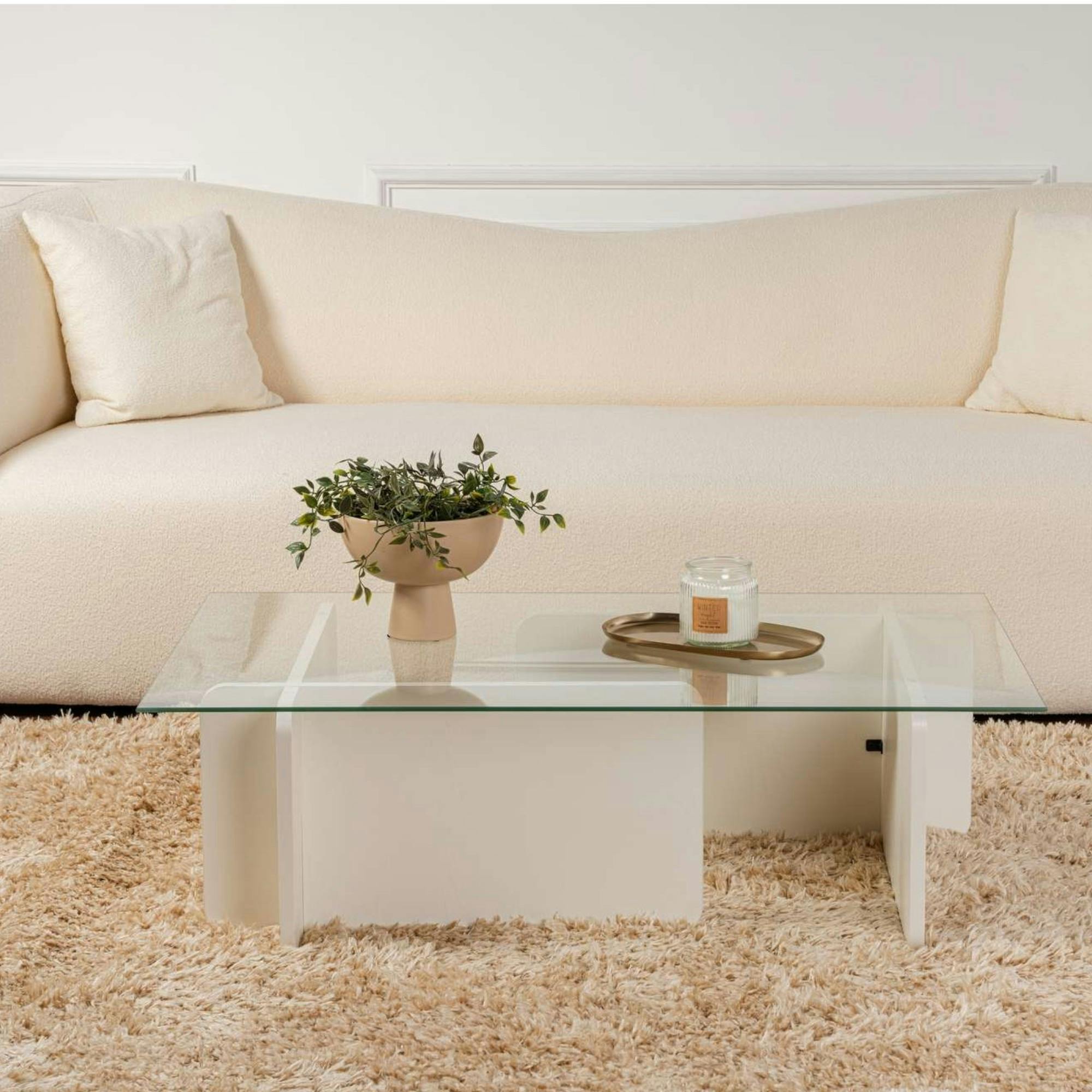 Table basse verre déstructurée – base effet bois blanc SALTA