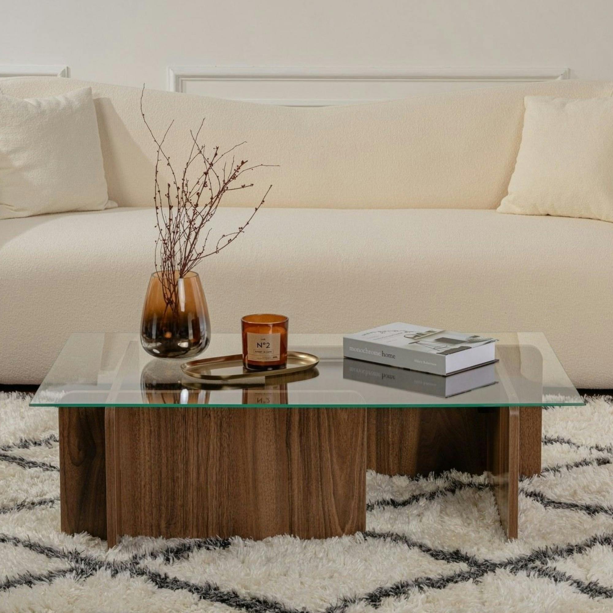 Table basse verre déstructurée – base effet bois noyer SALTA