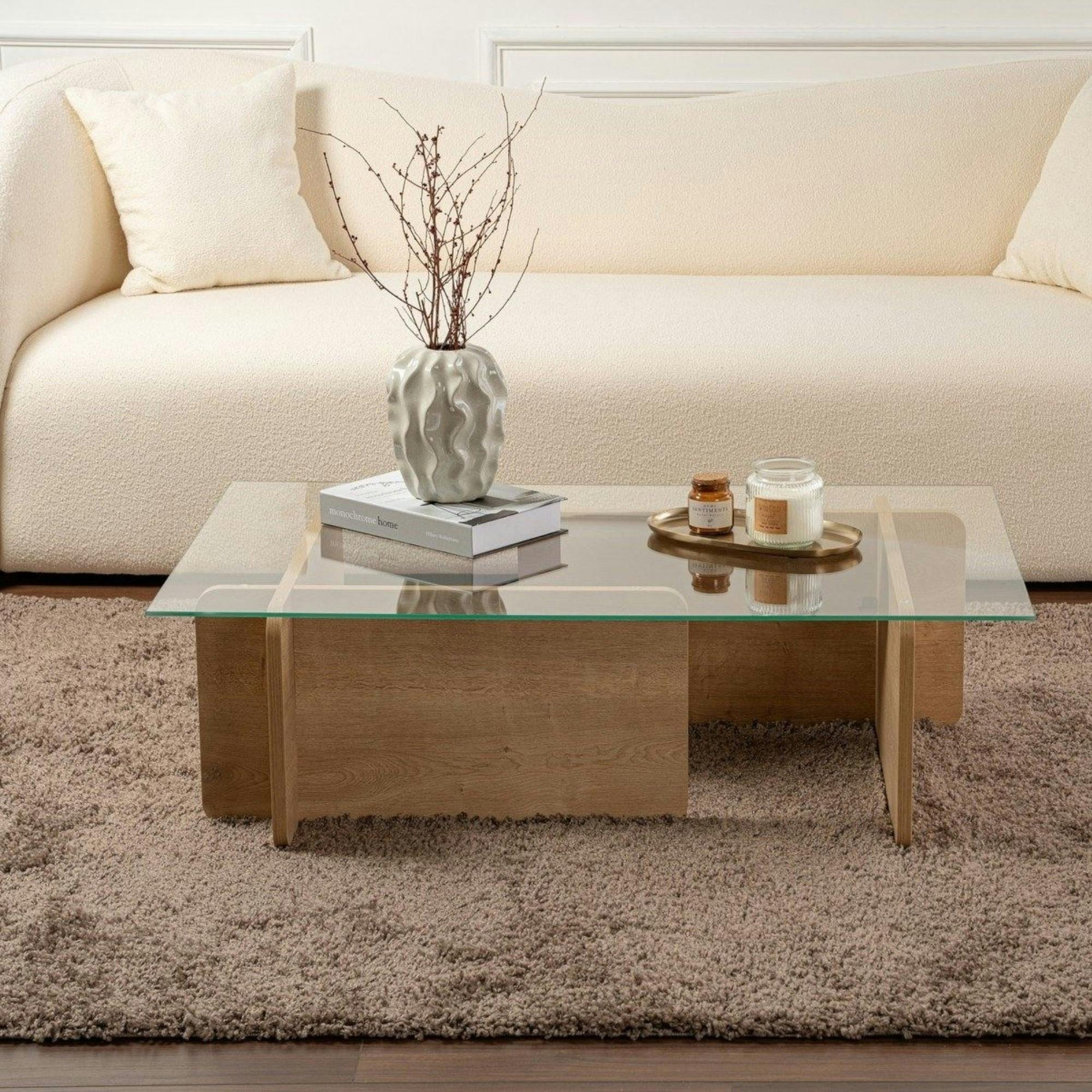 Table basse verre déstructurée – base effet chêne clair SALTA