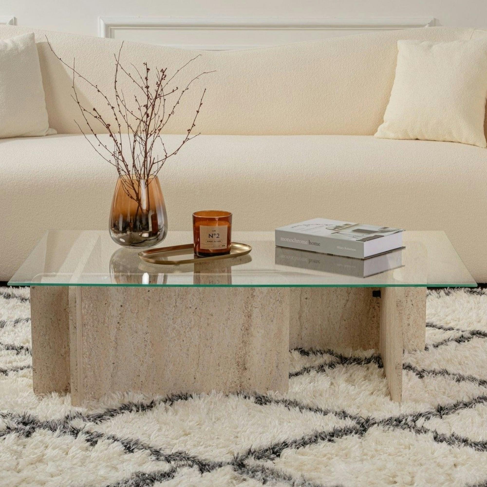 Table basse verre déstructurée – base effet travertin SALTA