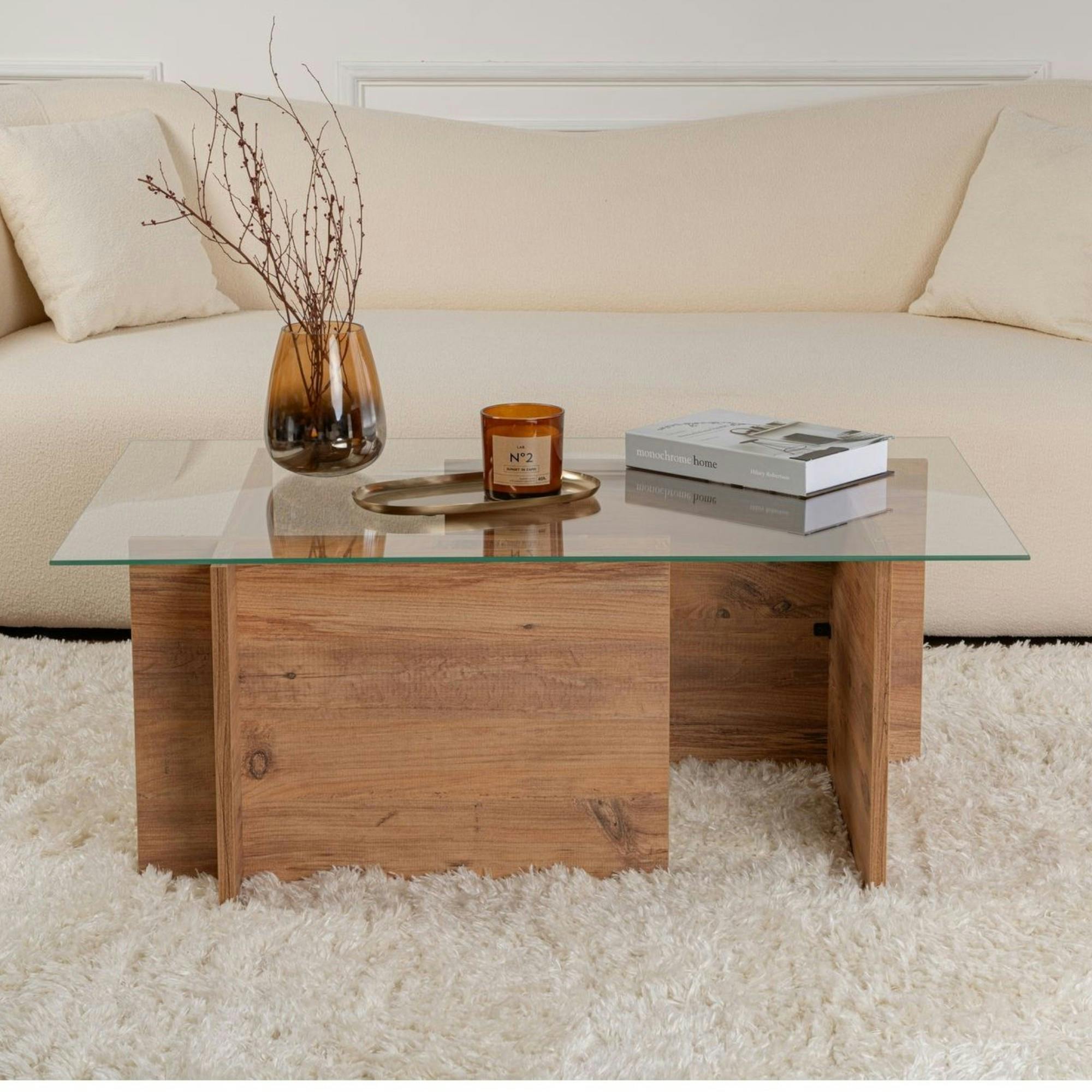 Table basse verre déstructurée – effet bois, H. 40 cm SALTA