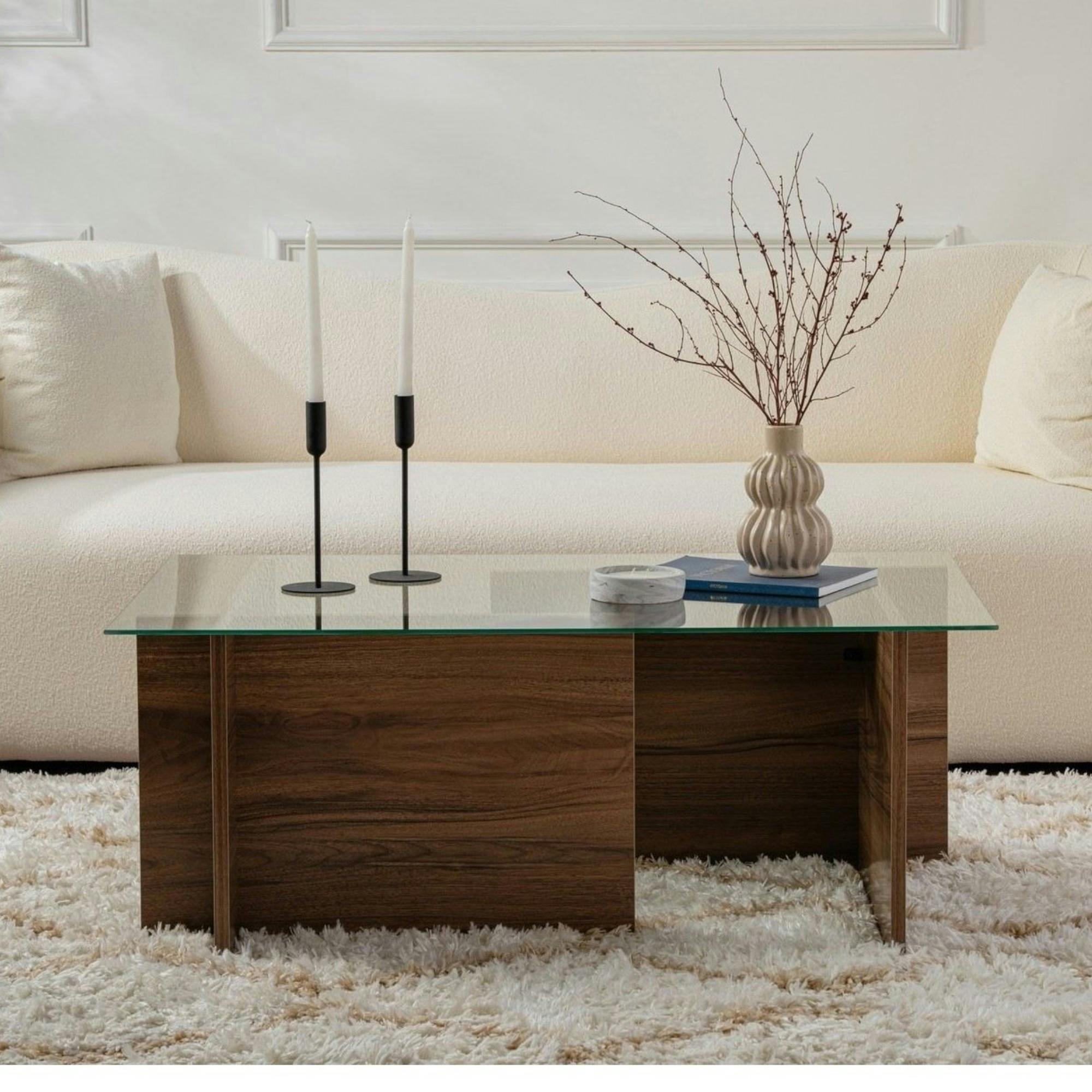 Table basse verre déstructurée – effet bois noyer, H.40 cm SALTA