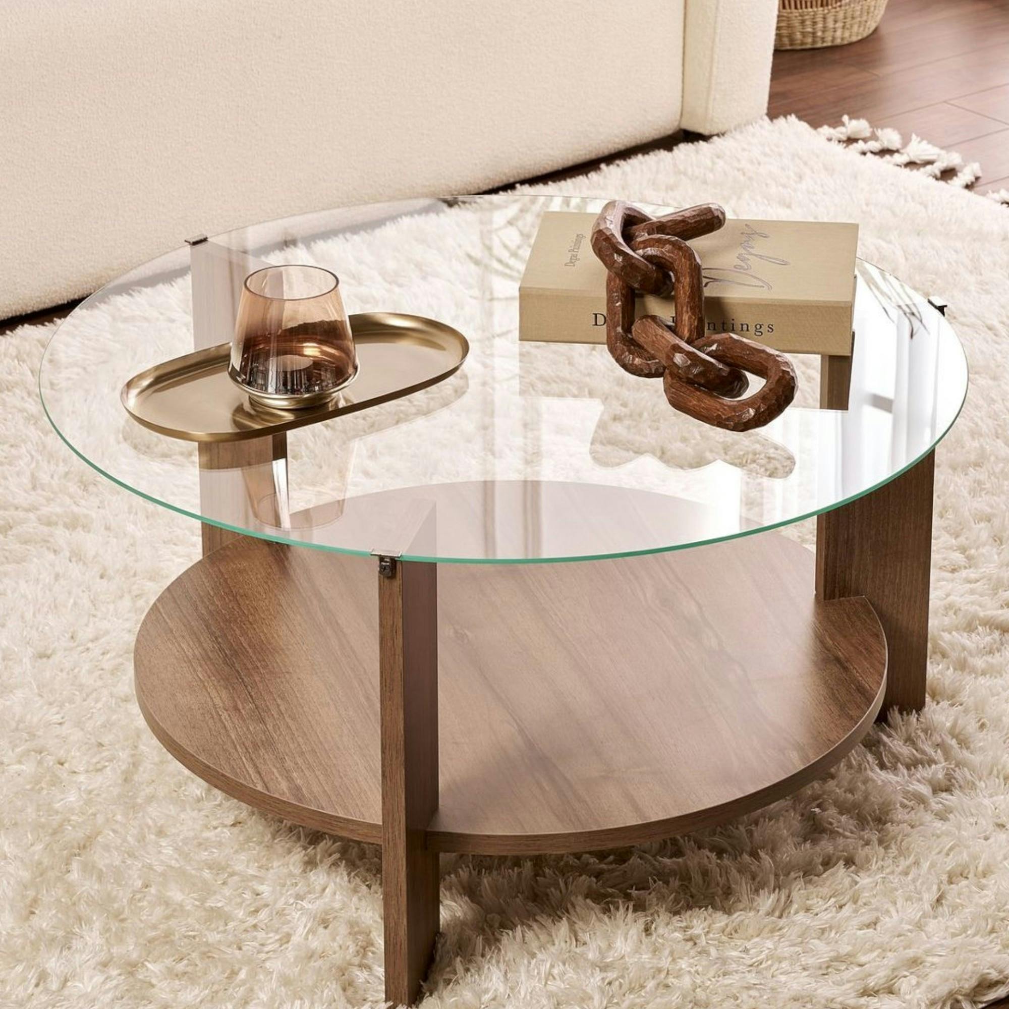Table basse verre double plateau - effet bois de noyer SALTA