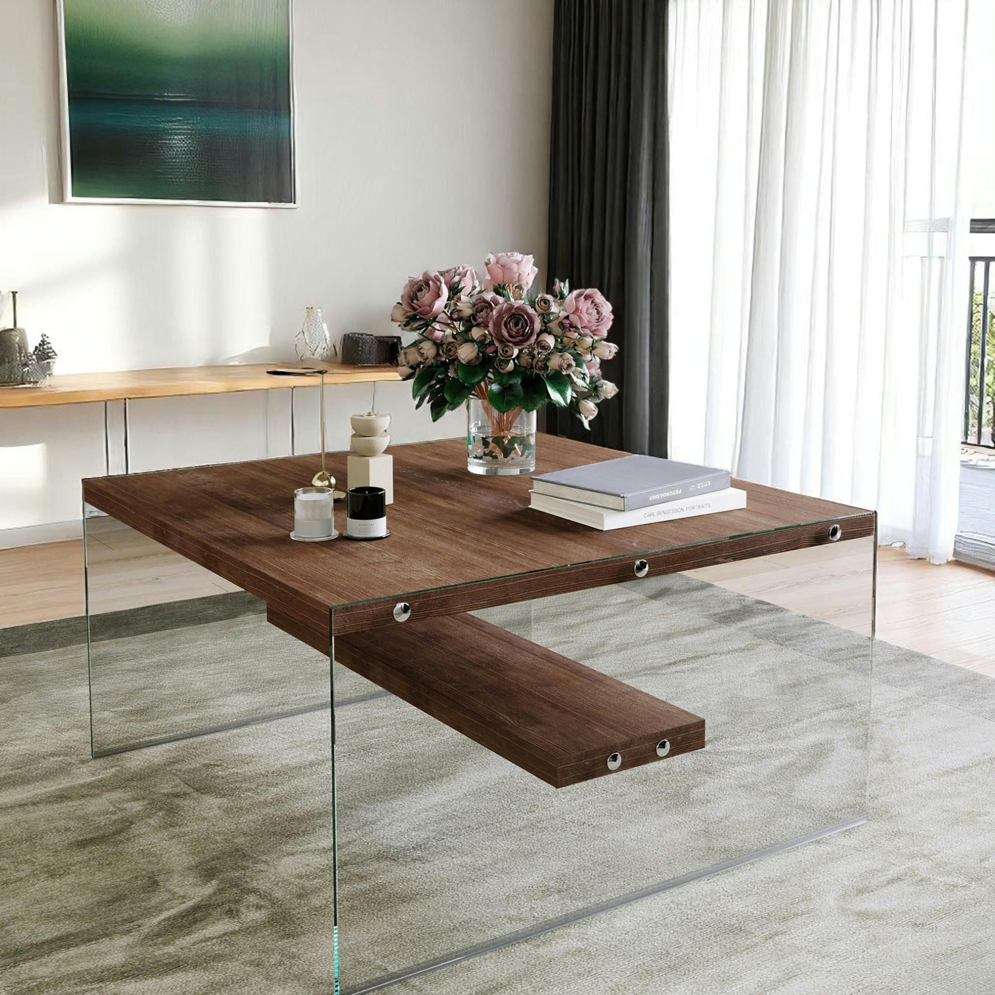 Table basse verre et bois - plateaux bruns suspendus LHASA