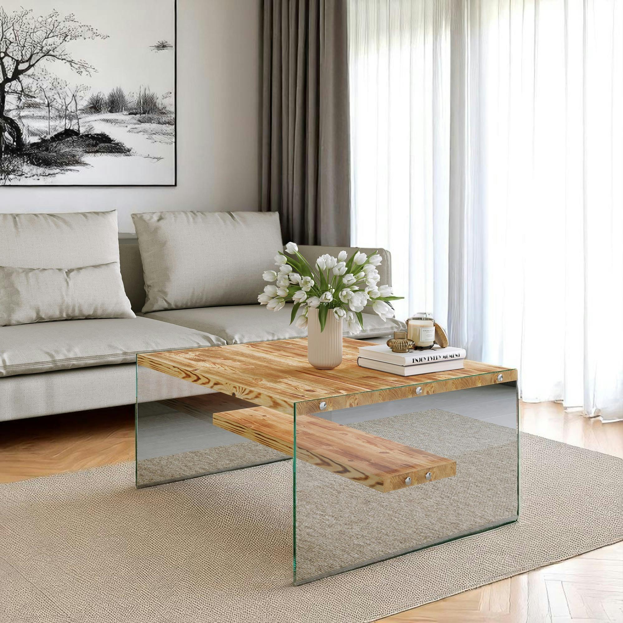 Table basse verre et bois - plateaux clairs suspendus LHASA
