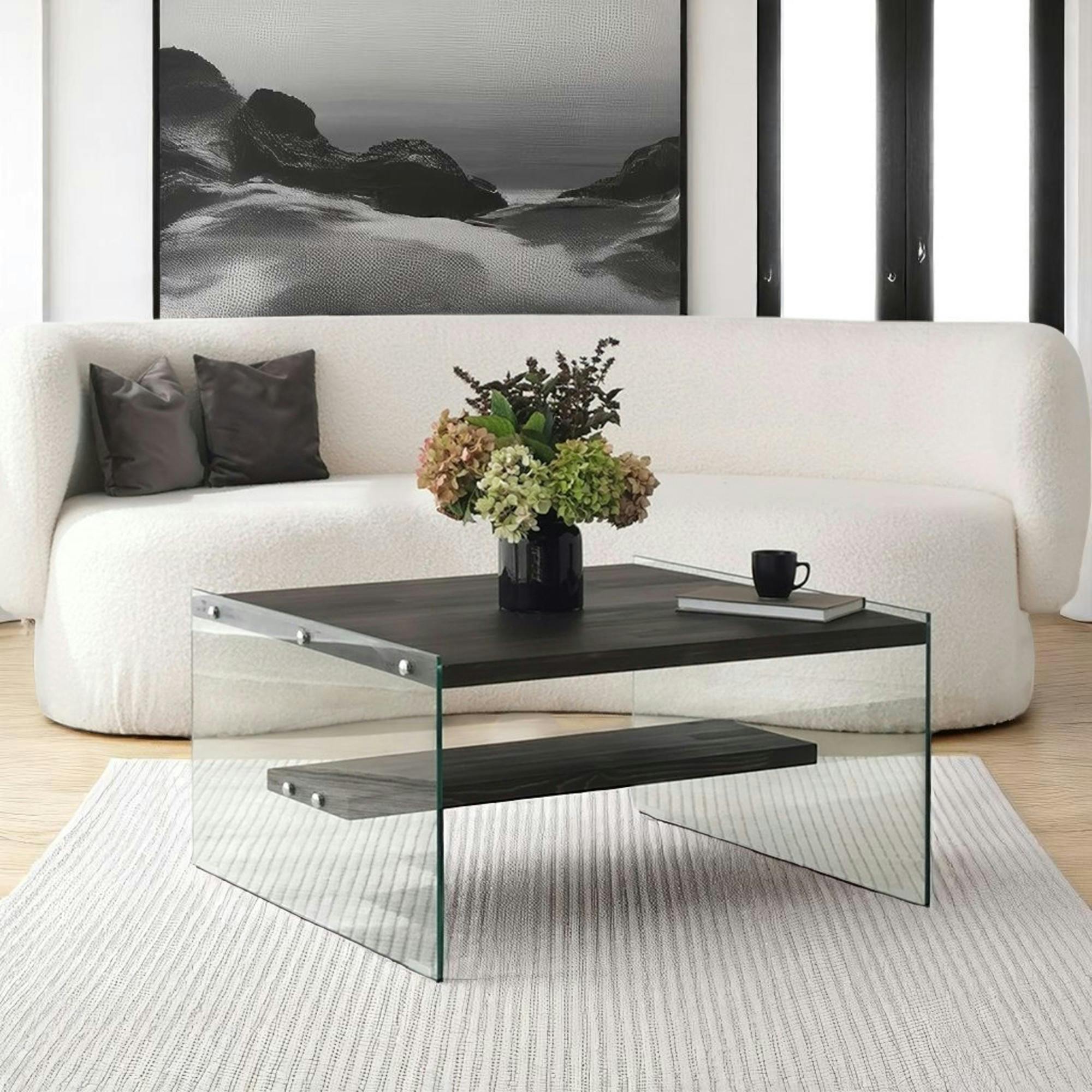 Table basse verre et bois - plateaux gris suspendus, LHASA