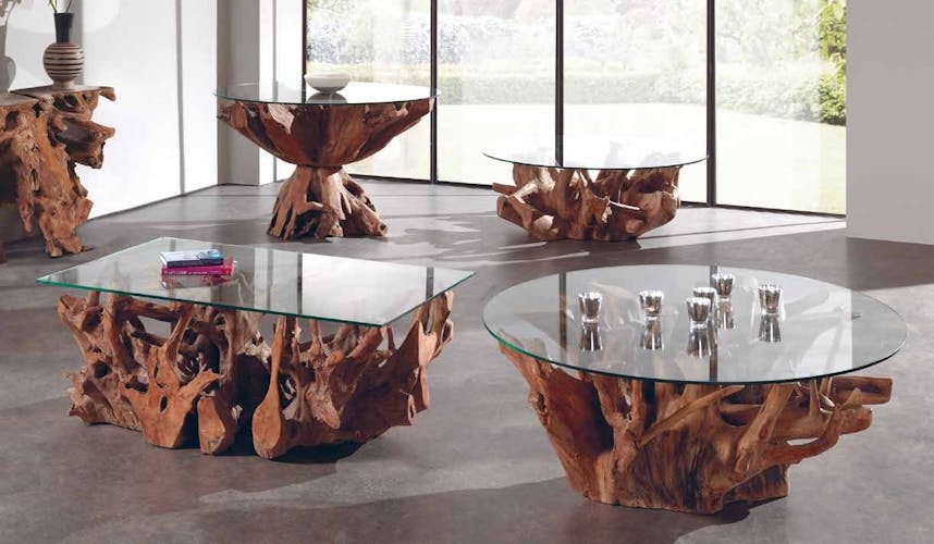 Table en bois de racine et verre de style exotique