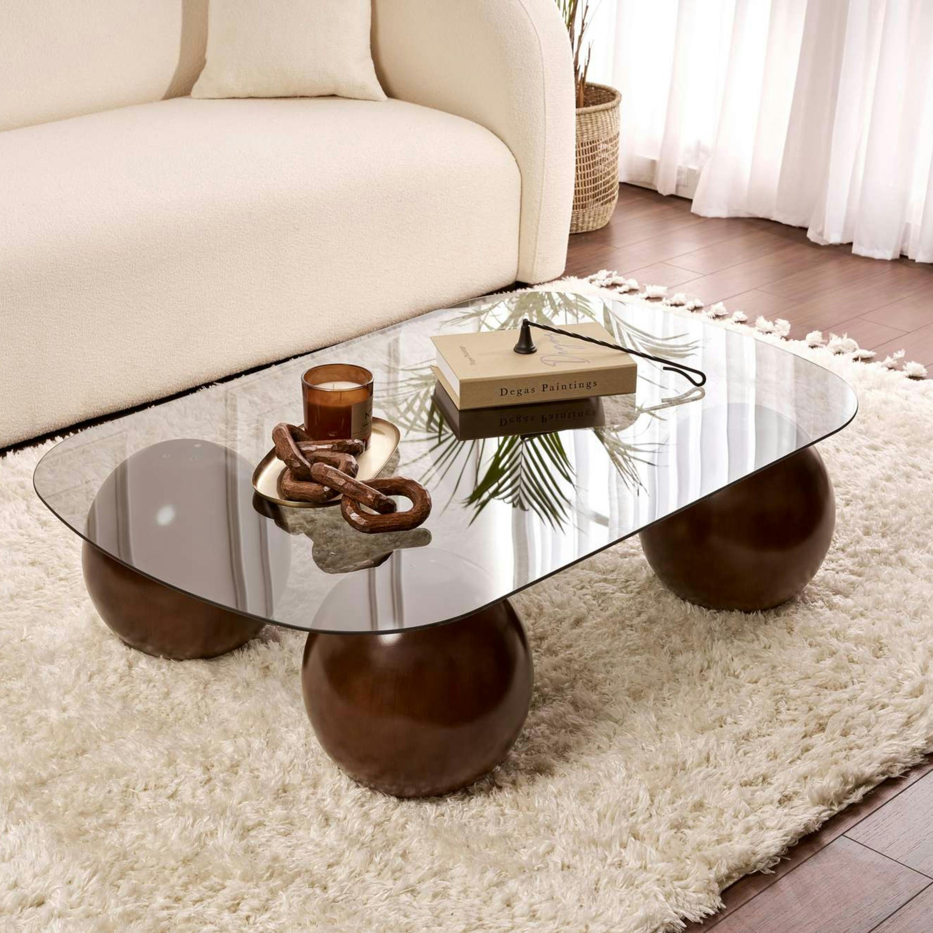Table basse verre fumé bords arrondis 4 pieds boule KOCHI