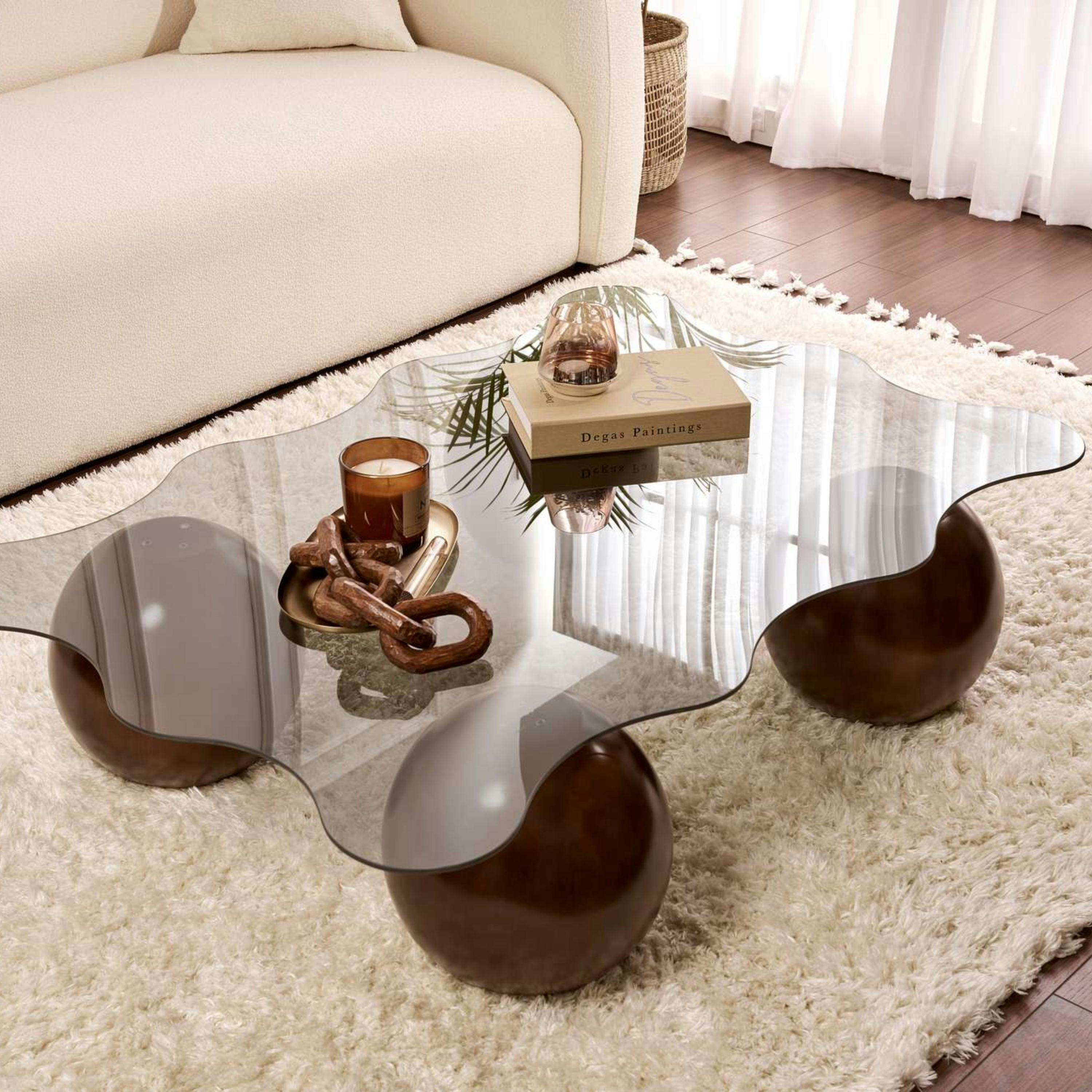 Table basse verre fumé design organique 4 pieds boule KOCHI