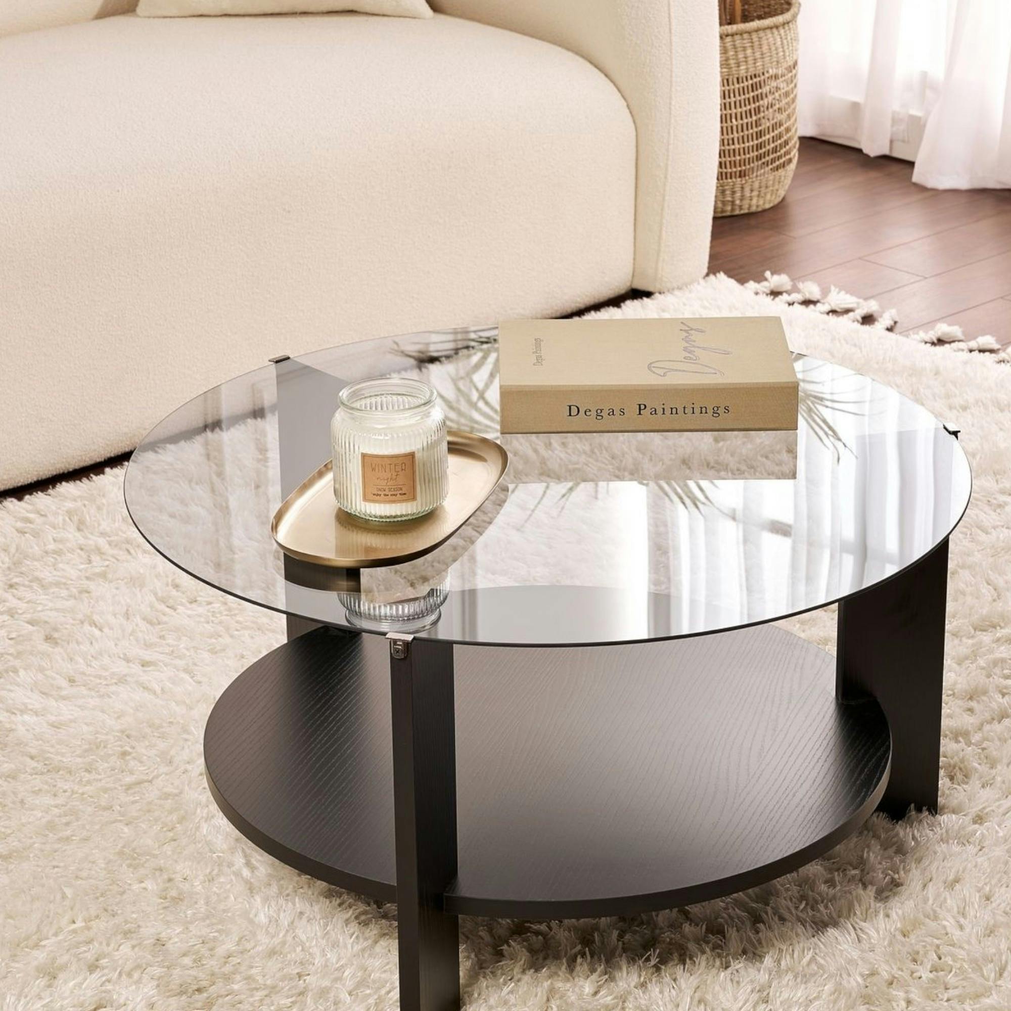 Table basse verre fumé double plateau - effet bois noir SALTA