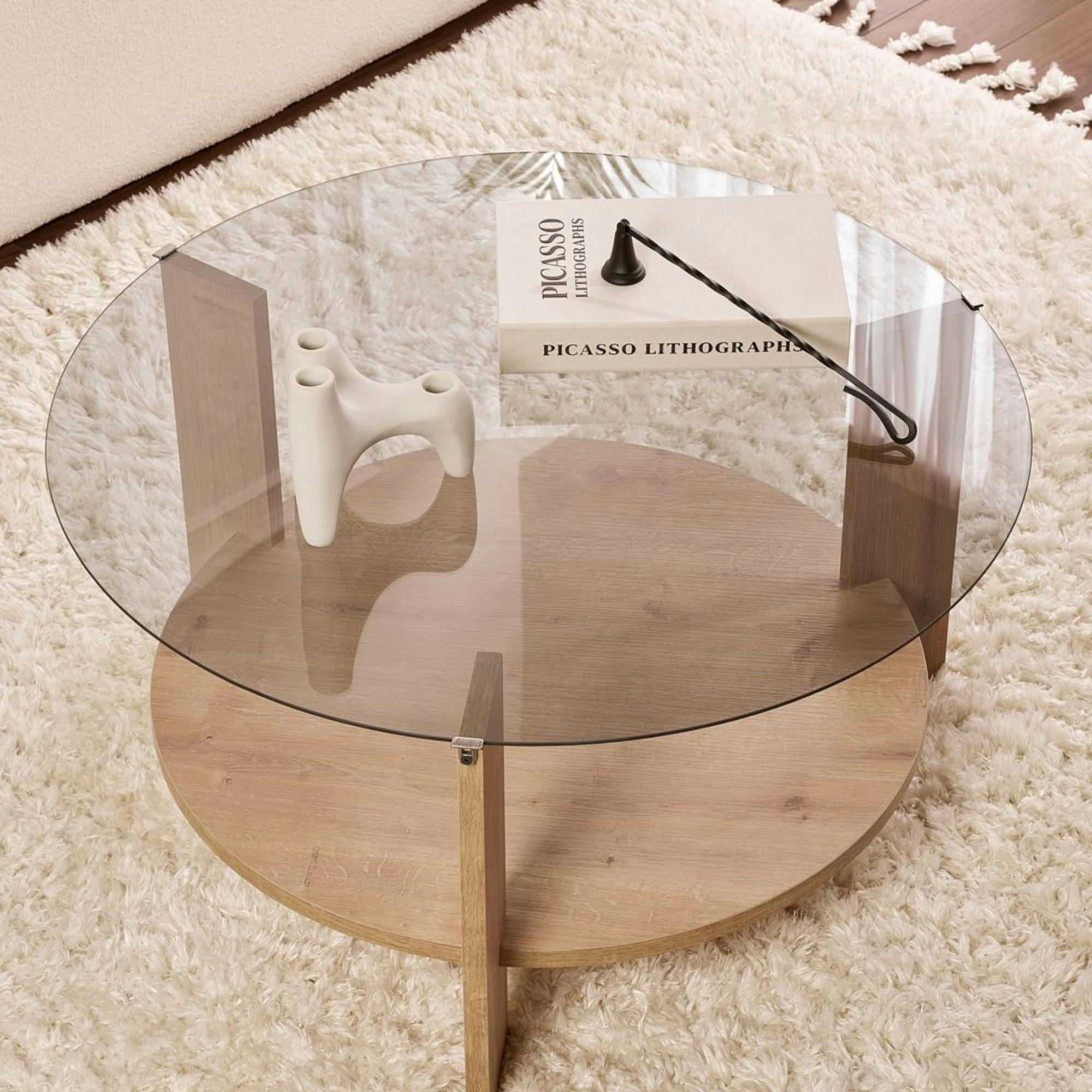 Table basse verre fumé double plateau - effet chêne SALTA