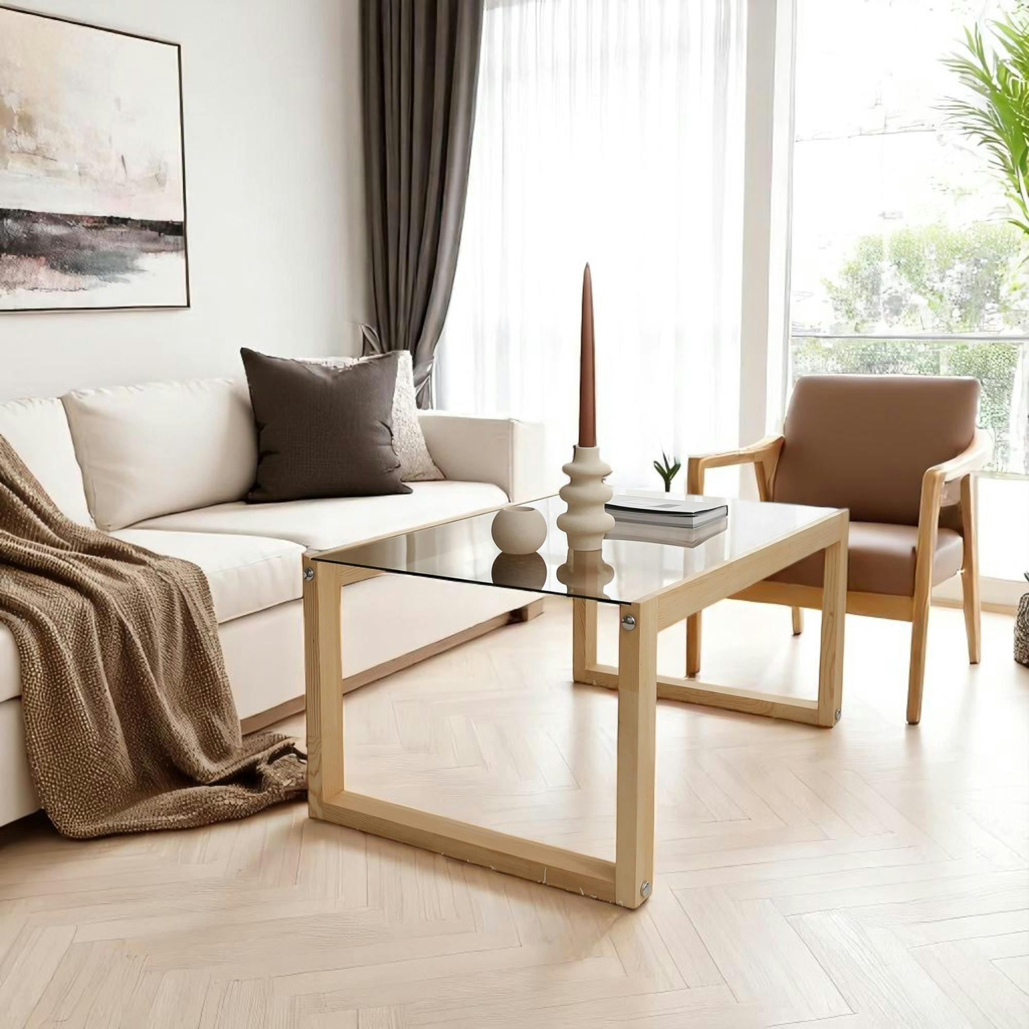 Table basse verre fumé et bois clair - forme rectangle LHASA