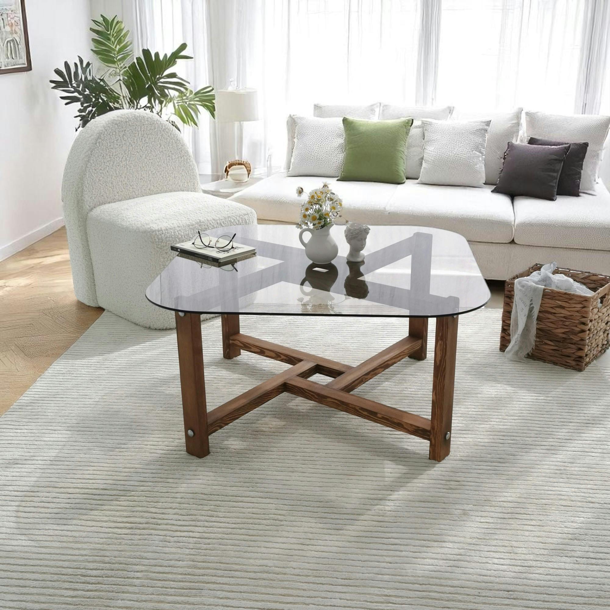 Table basse verre fumé et bois - forme carrée douce ANZIO