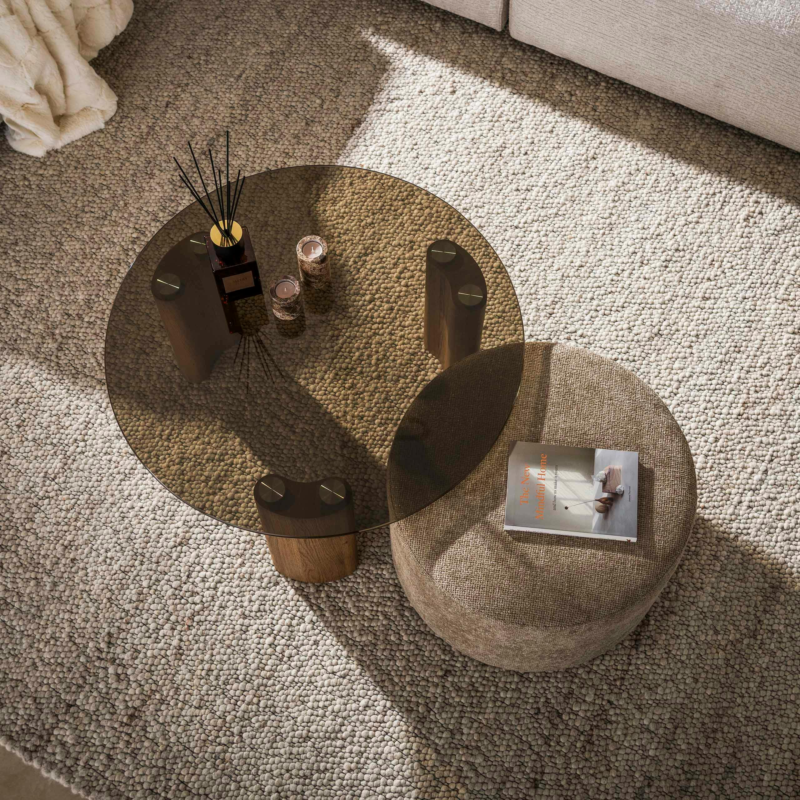 Table basse verre fumé et pouf assorti MILOS