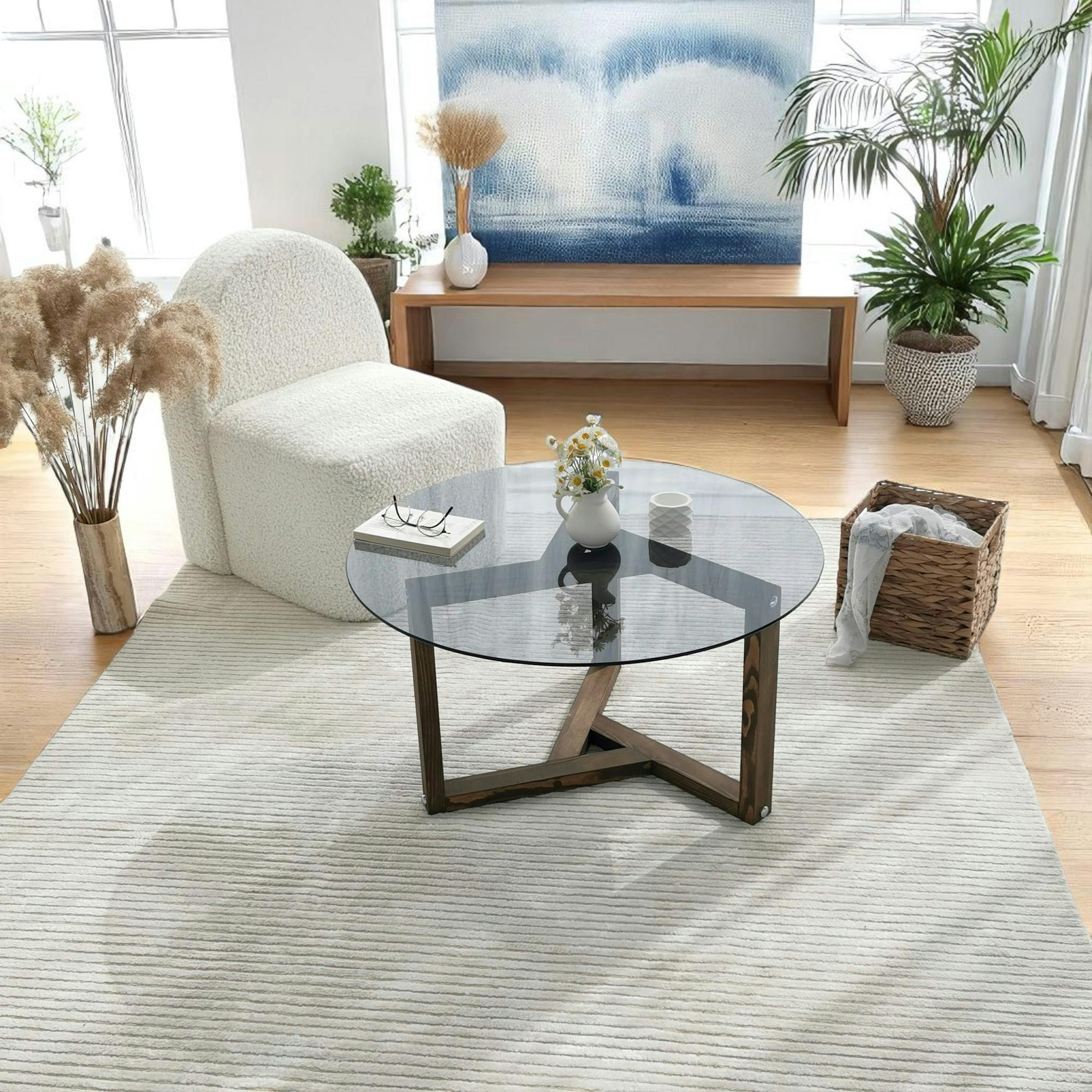 Table basse verre fumé - pied 3 branches, bois foncé ANZIO