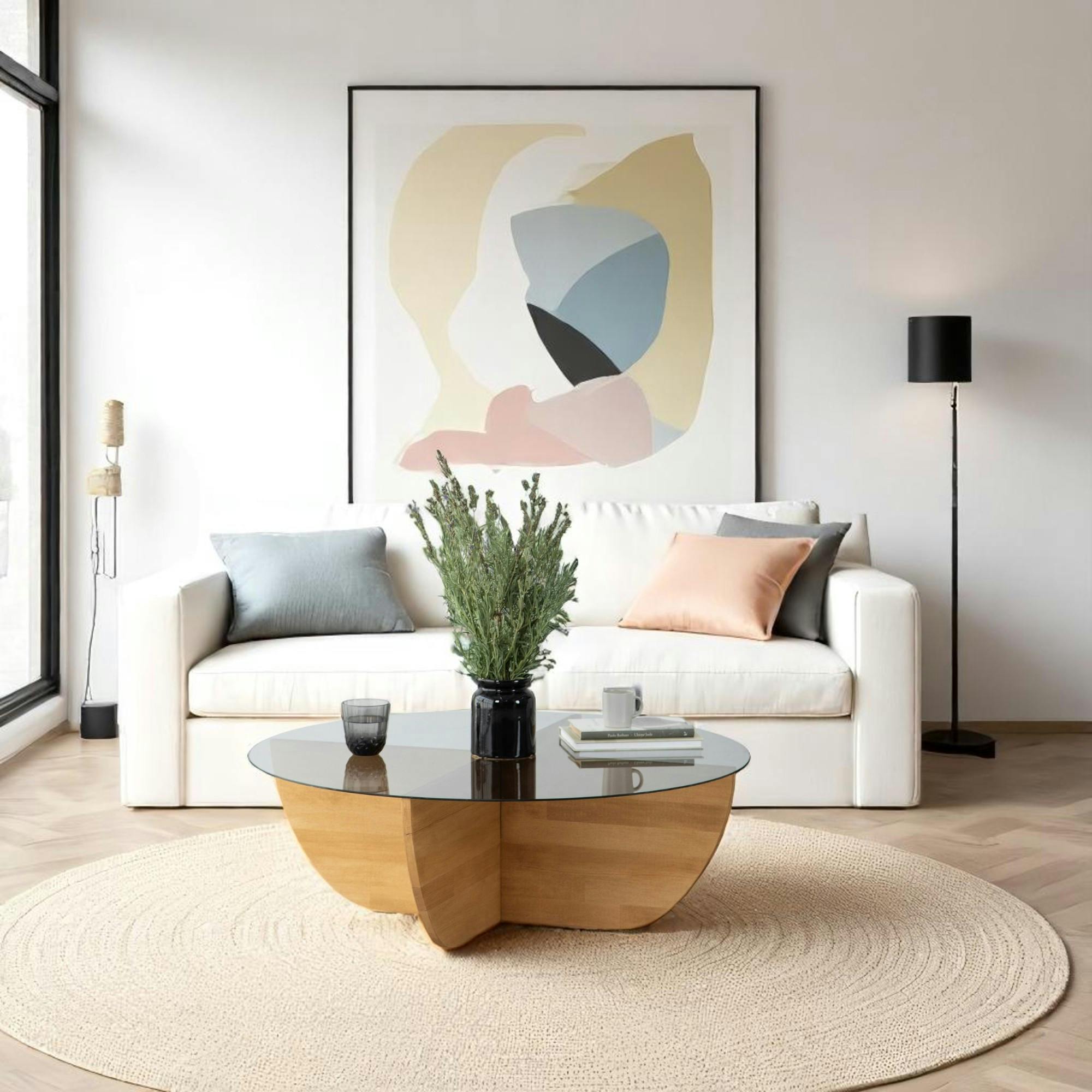 Table basse verre fumé – pied croix bois clair, 90 cm ANZIO