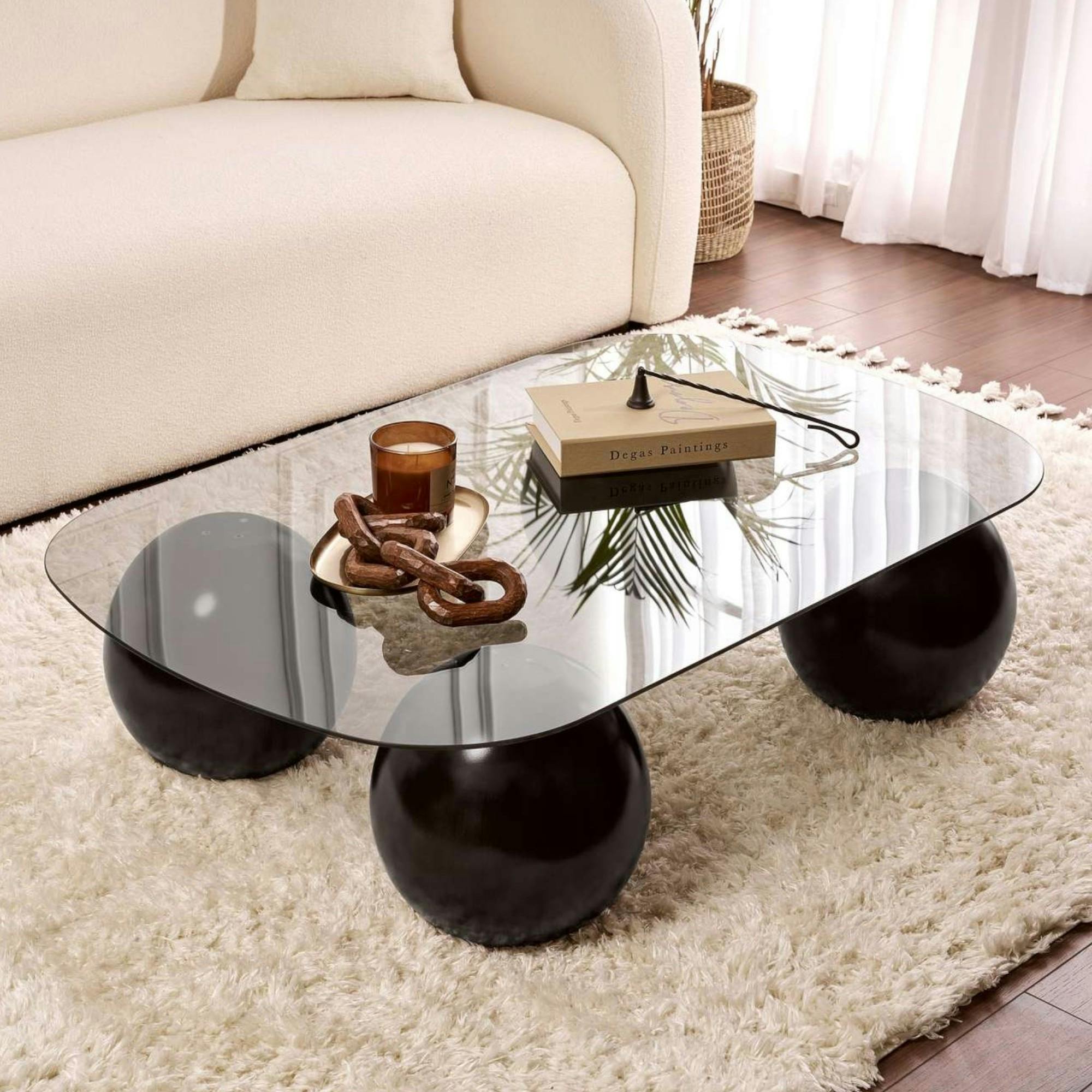 Table basse verre gris bords arrondis - 4 pieds noirs KOCHI