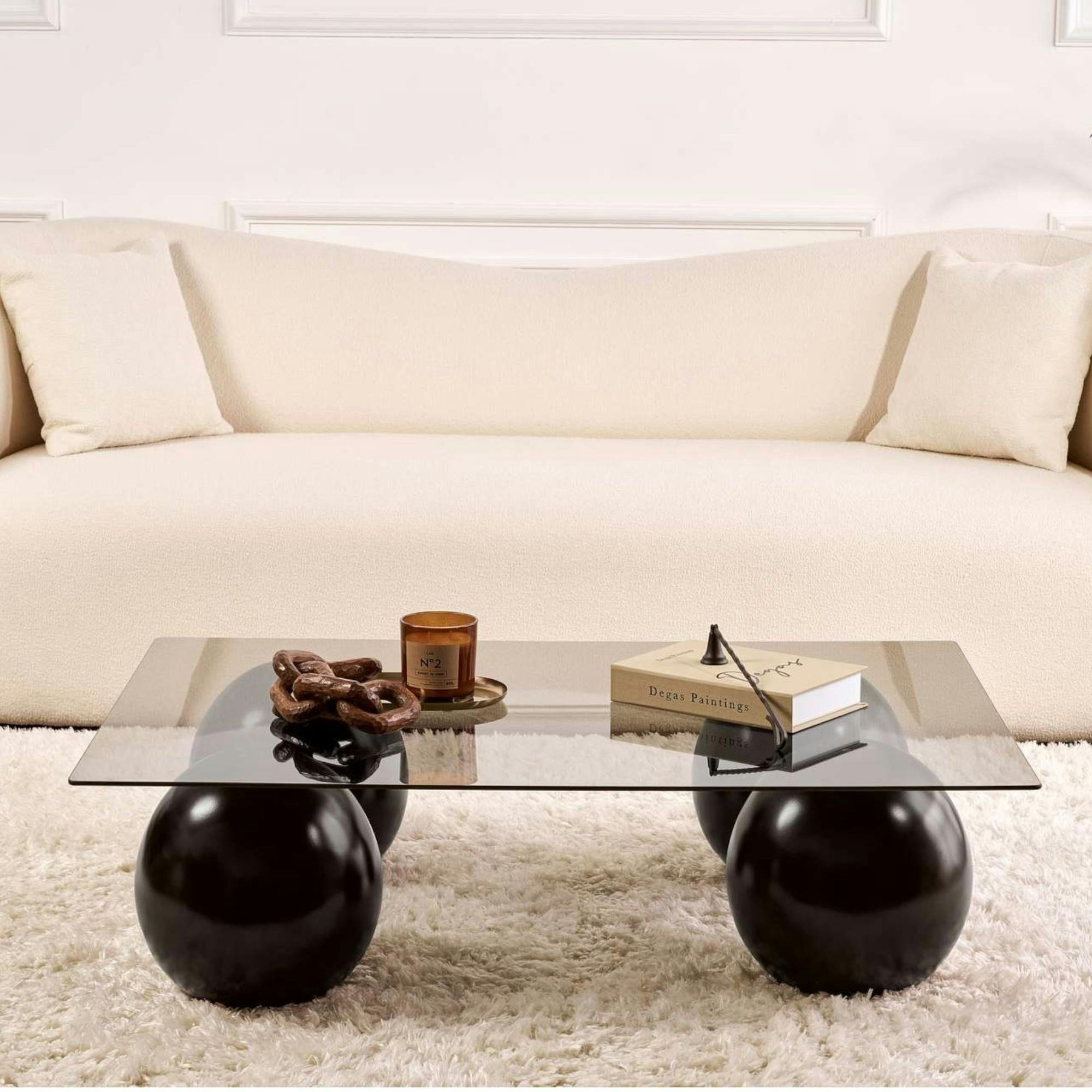 Table basse verre gris rectangulaire - 4 pieds noirs KOCHI