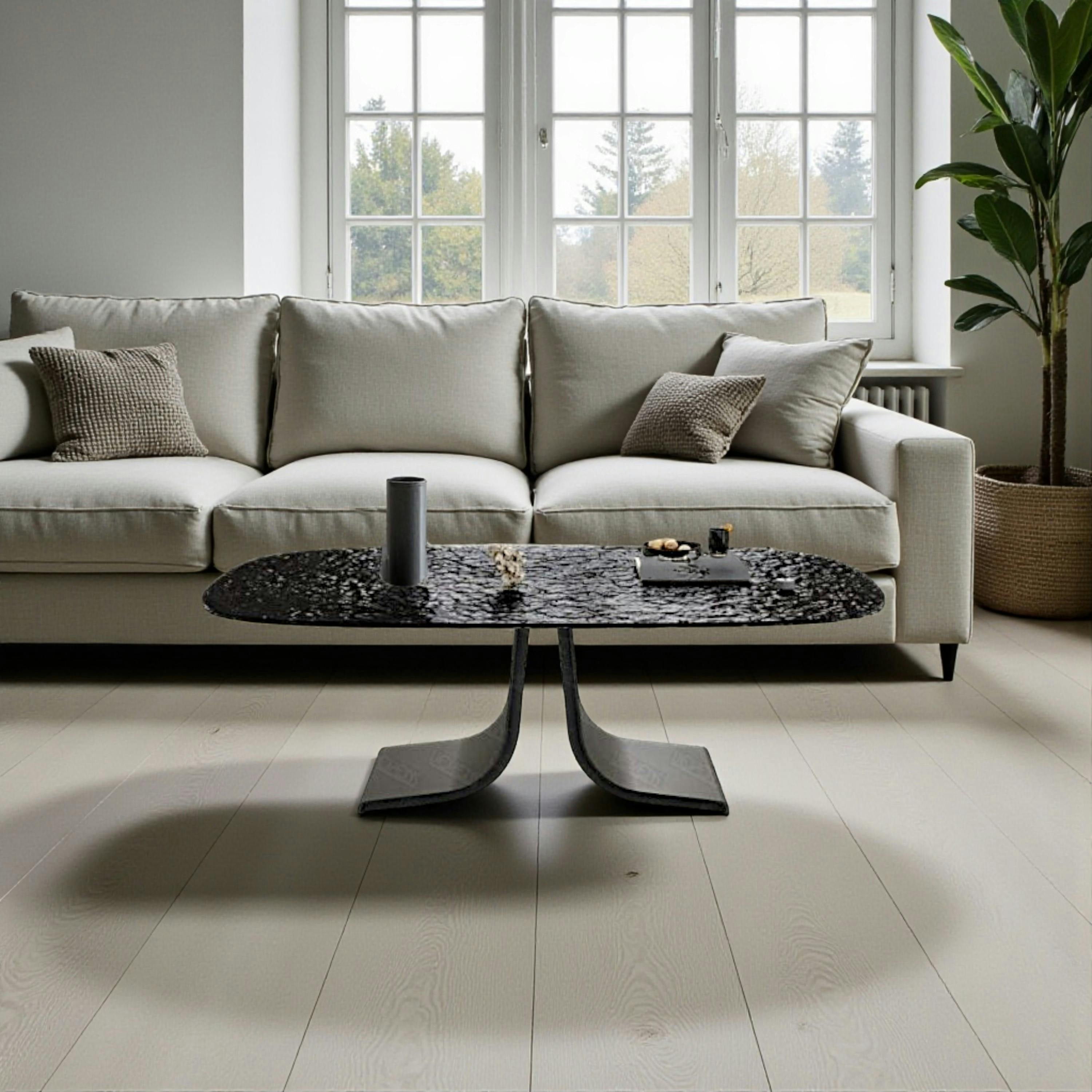 Table basse verre ondulé noir, pied ouvert LIGURIE