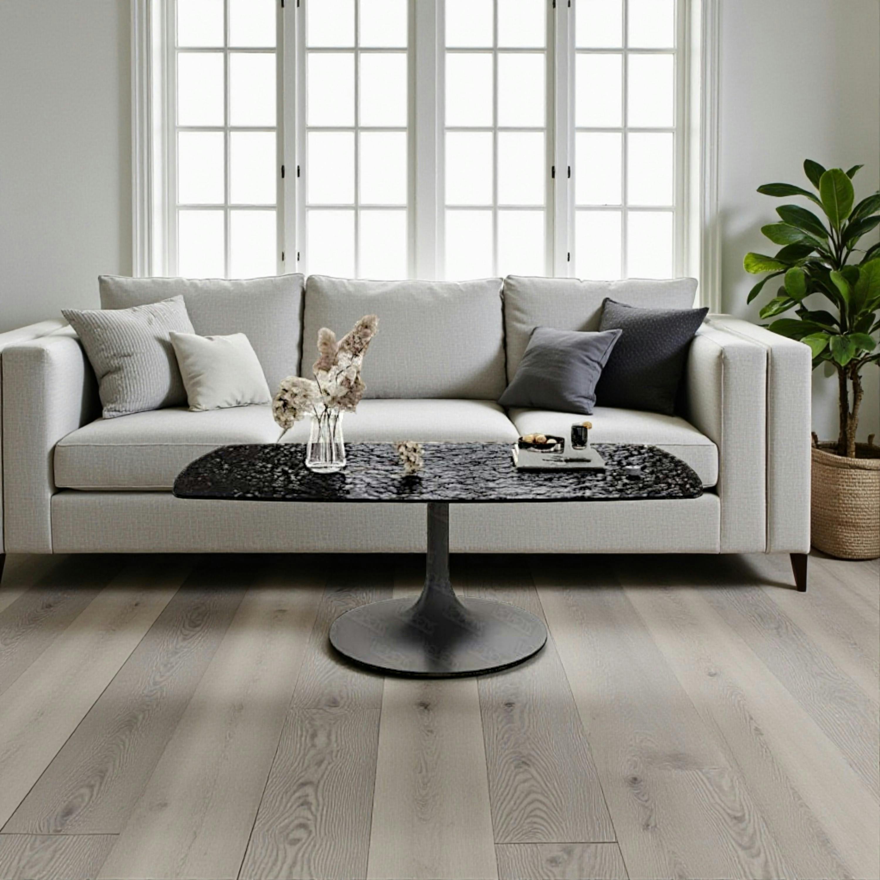 Table basse verre ondulé noir, pied tulipe LIGURIE