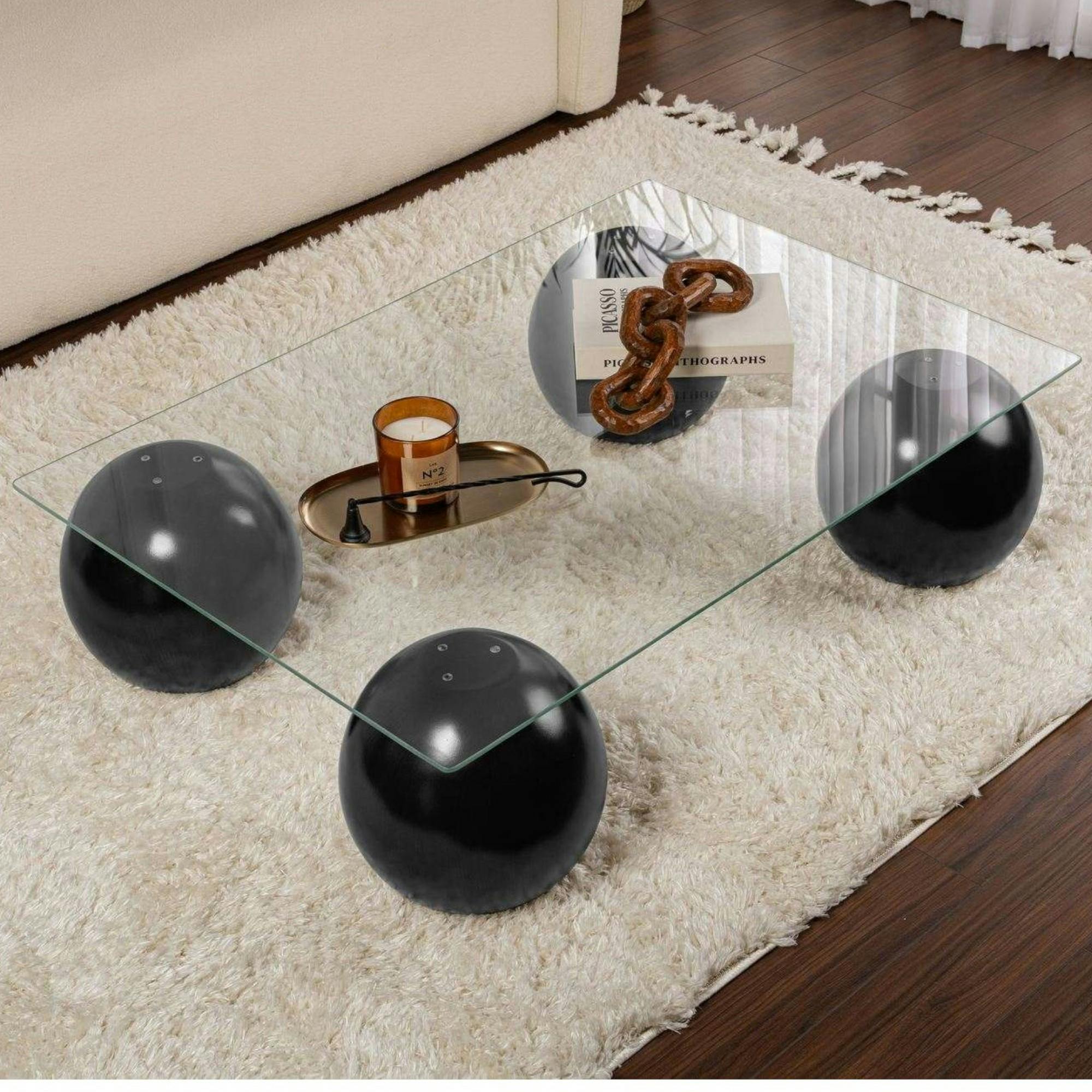 Table basse verre rectangulaire - 4 pieds boules noirs KOCHI